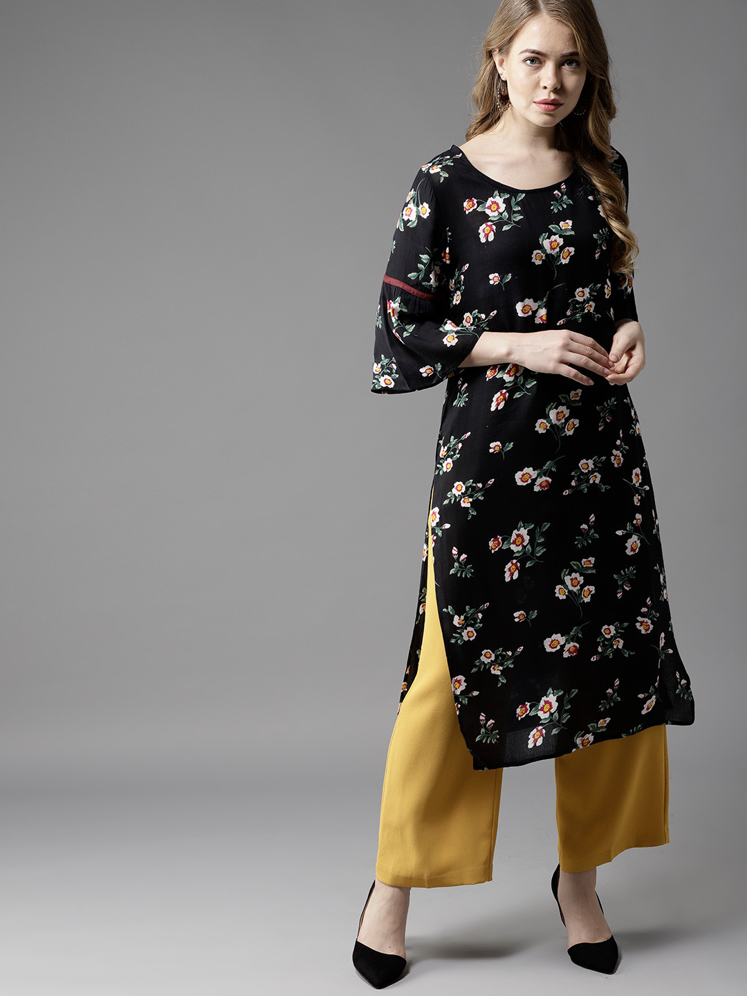 Buy HERE&NOW Women Black & White Floral Print Straight Kurta Kurtas