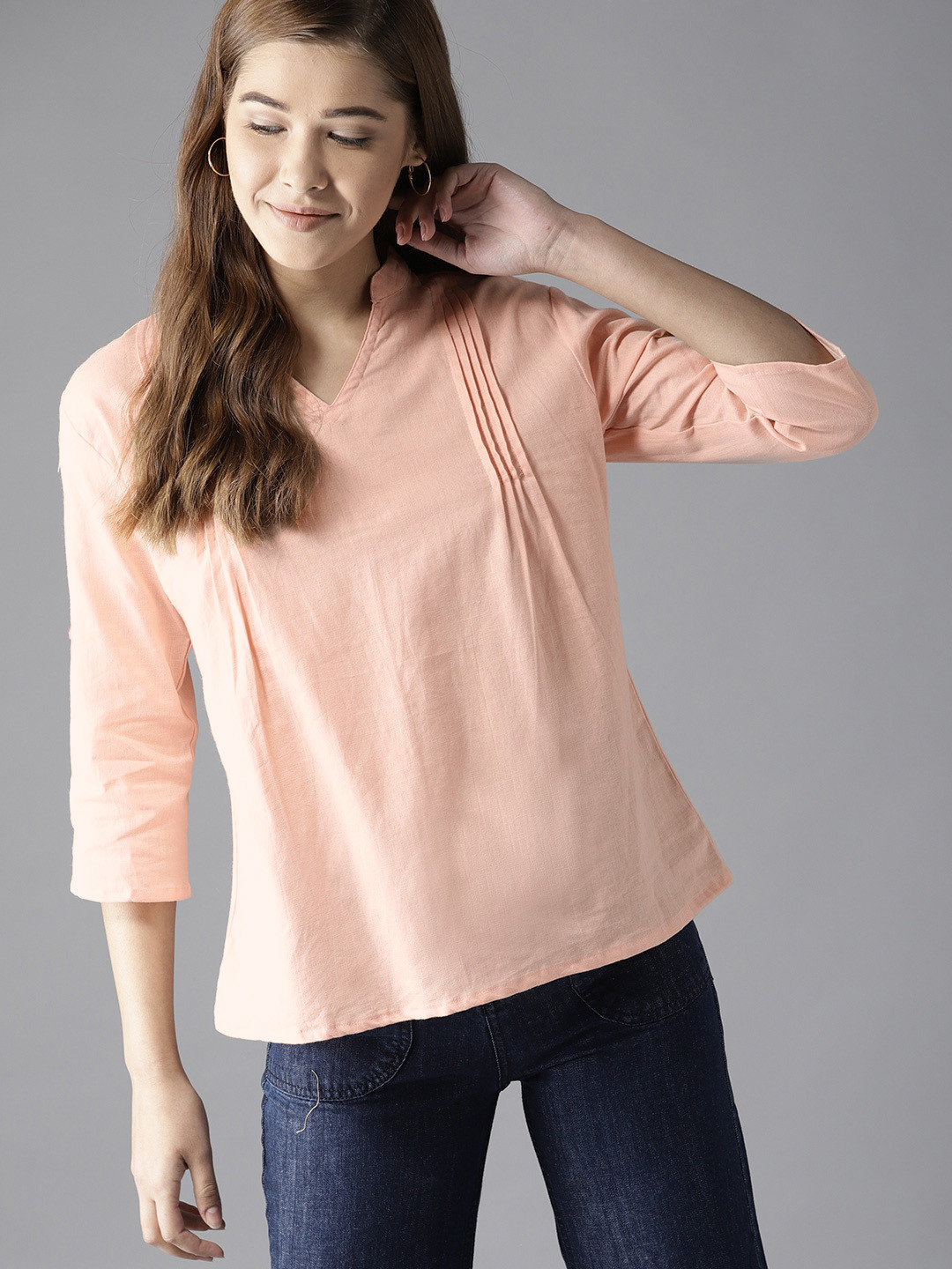 Buy HERE&NOW Women Peach Coloured Solid Pure Cotton Top Tops for