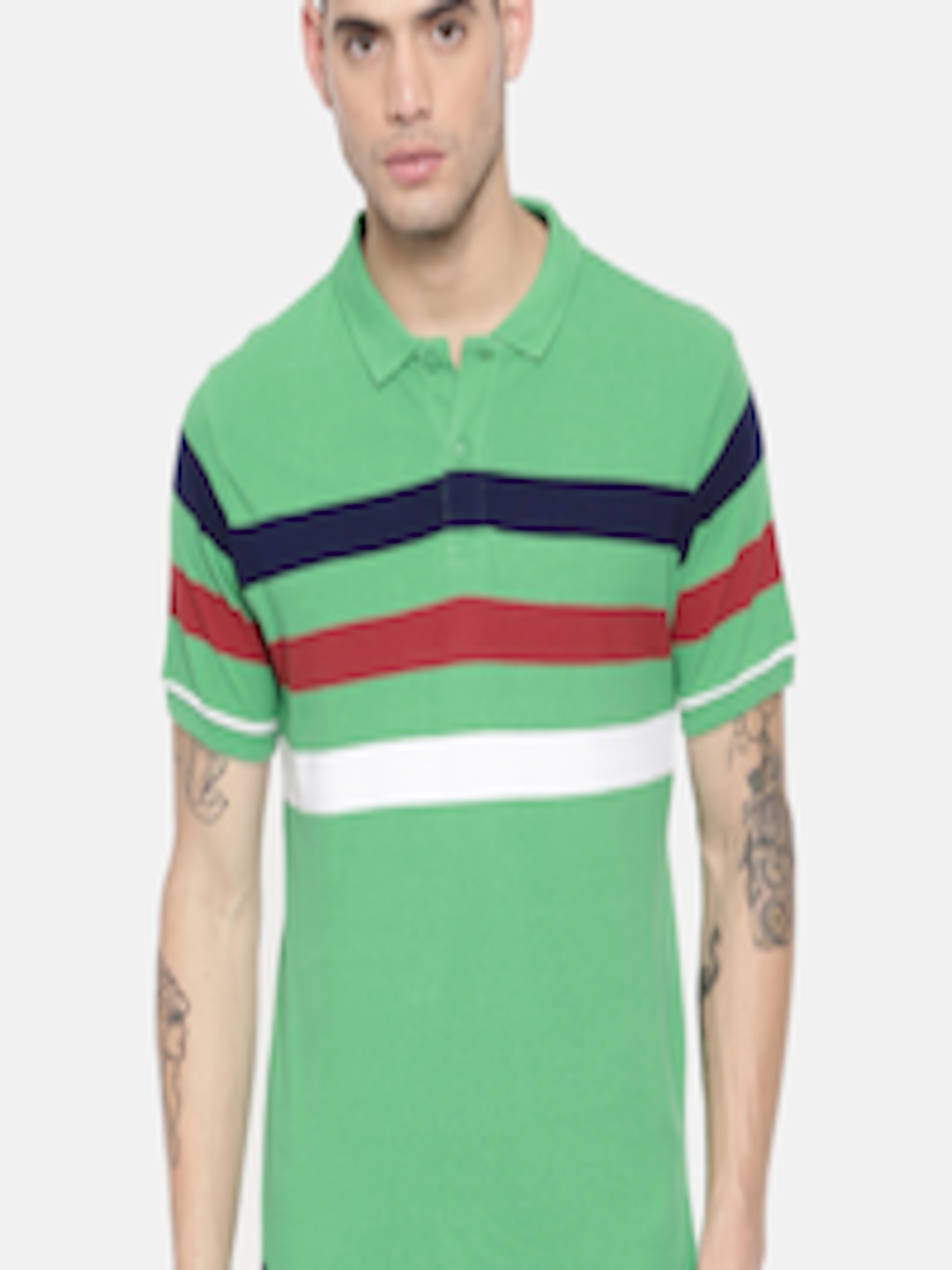Buy Pepe Jeans Men Green Striped Polo Collar Pure Cotton T Shirt ...