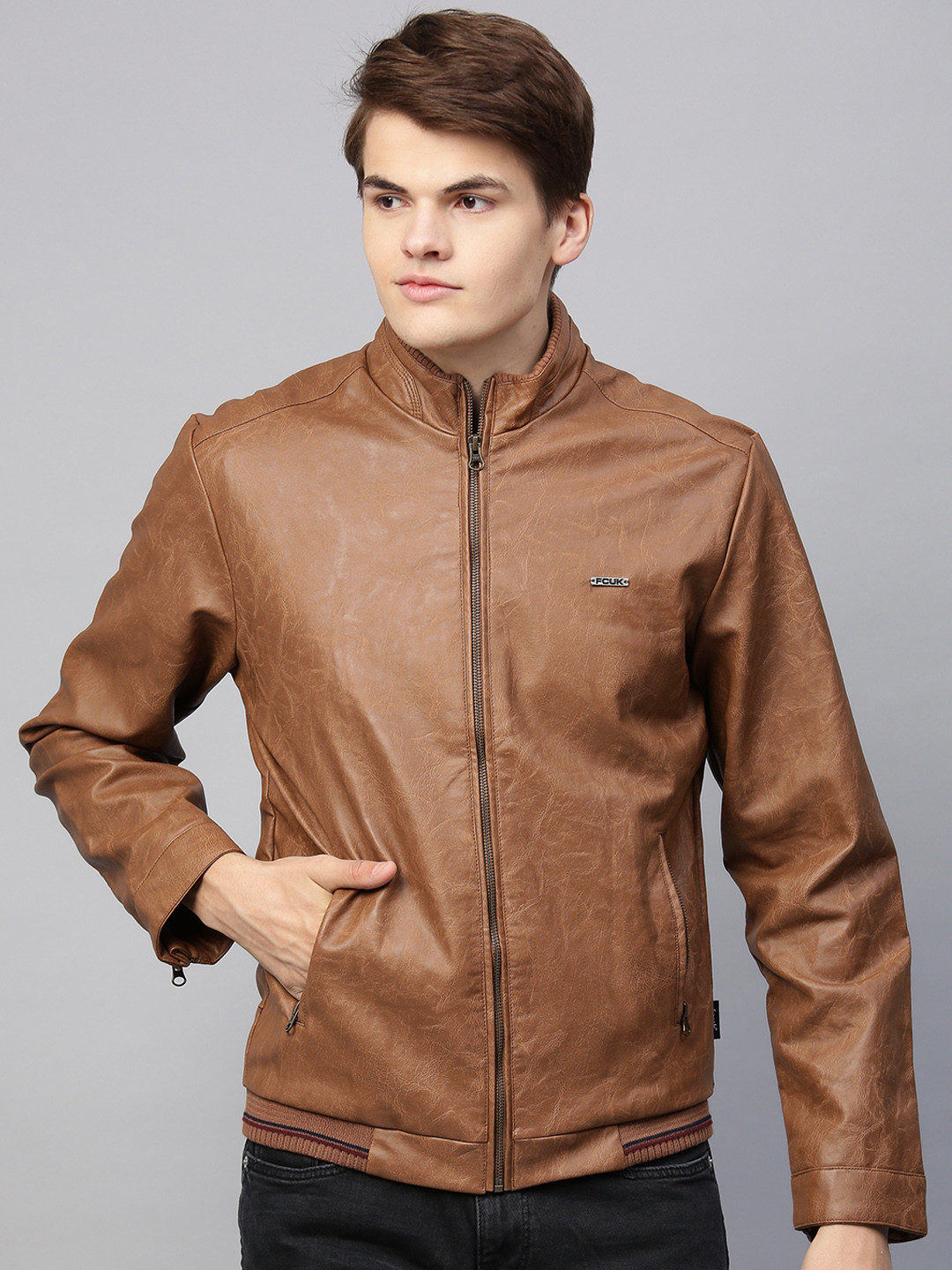 Buy French Connection Men Brown Solid Leather Jacket - Jackets for Men