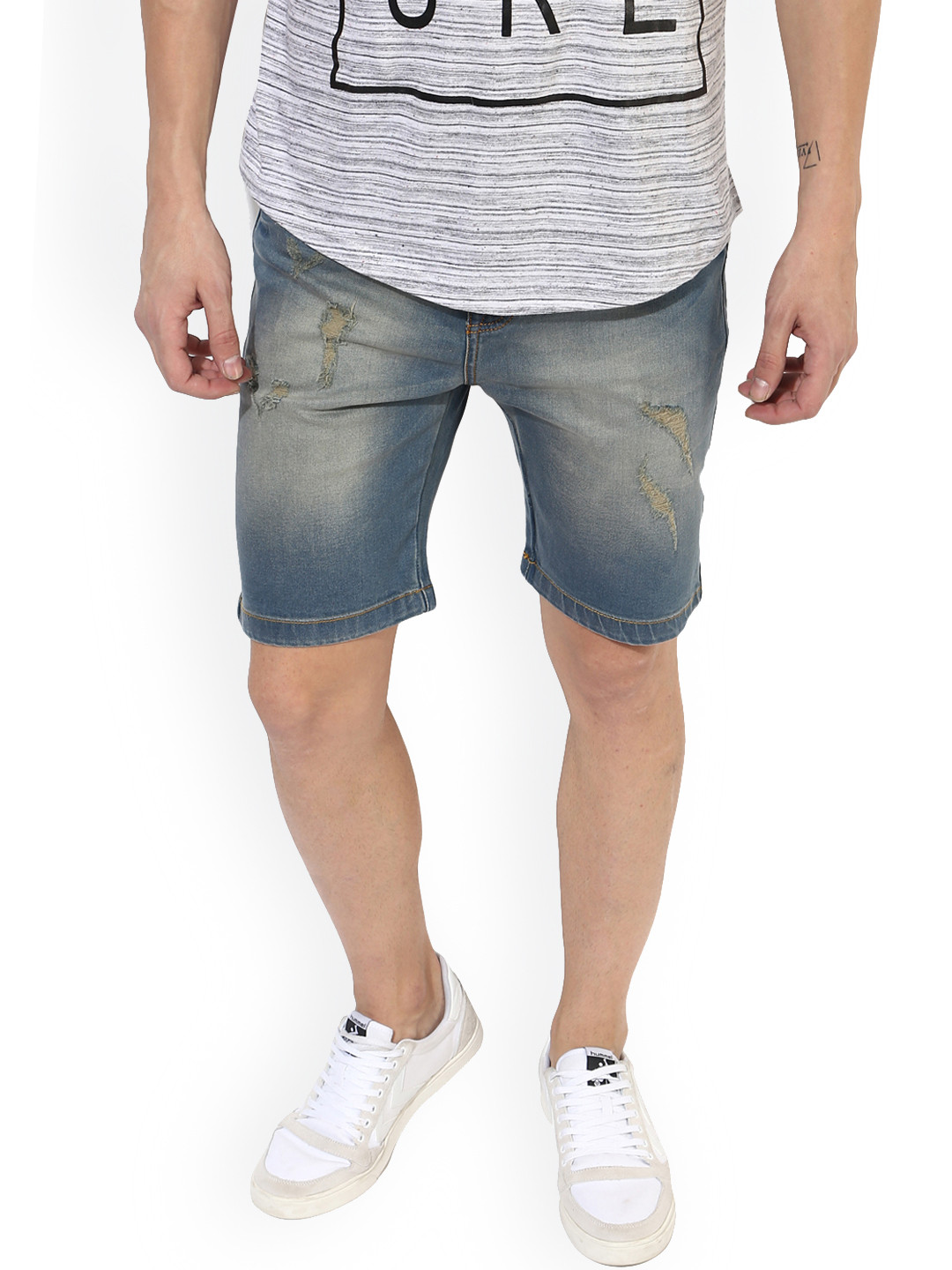Buy REALM Men Blue Washed Distressed Slim Fit Denim Shorts Shorts for