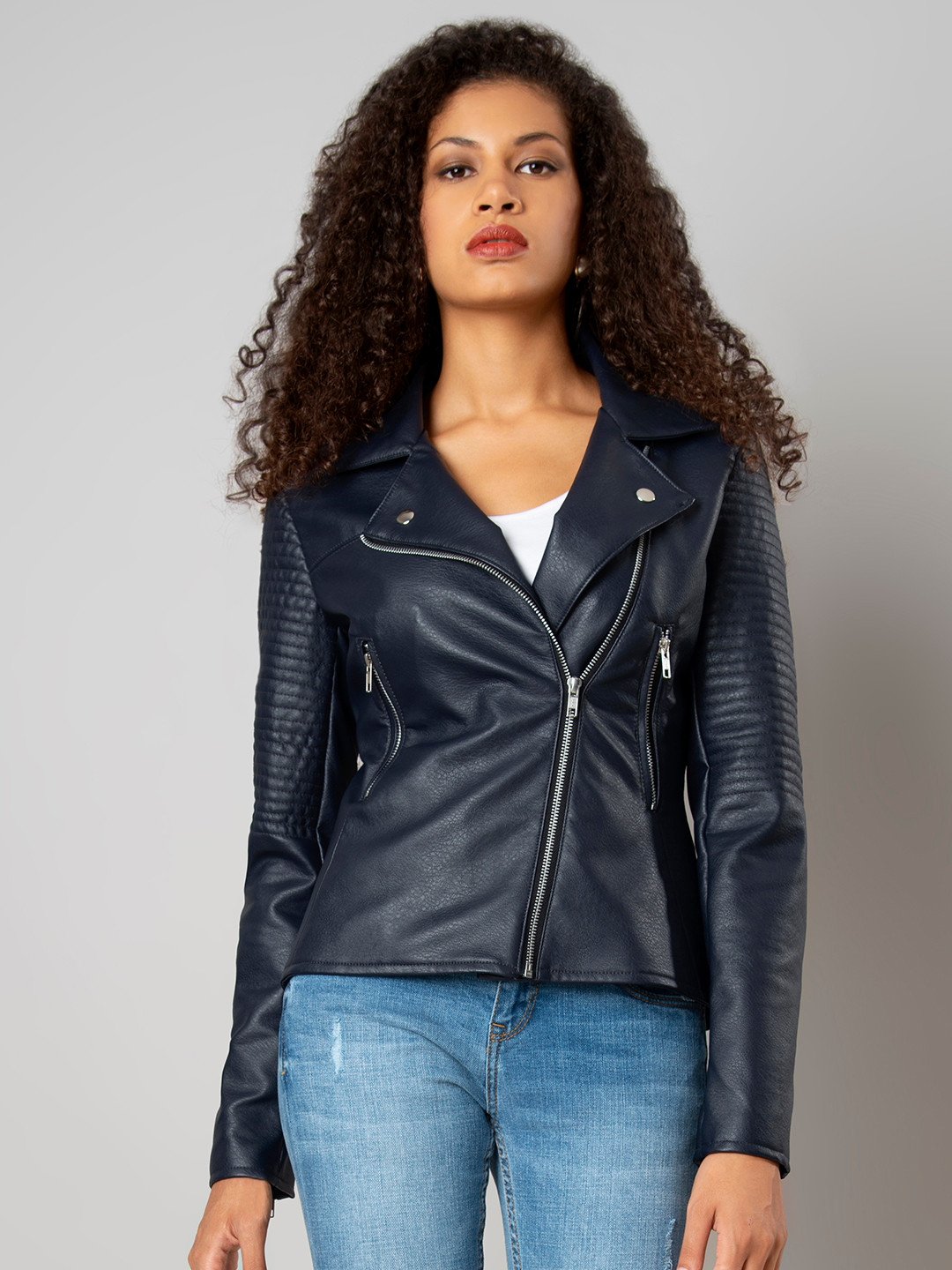 Buy FabAlley Women Blue Solid Biker Jacket Jackets for Women 7607167