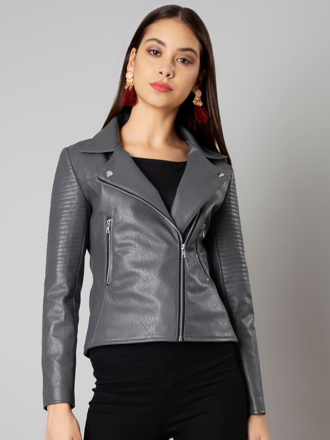 Buy FabAlley Women Grey Solid Biker Jacket Jackets for Women 7607169