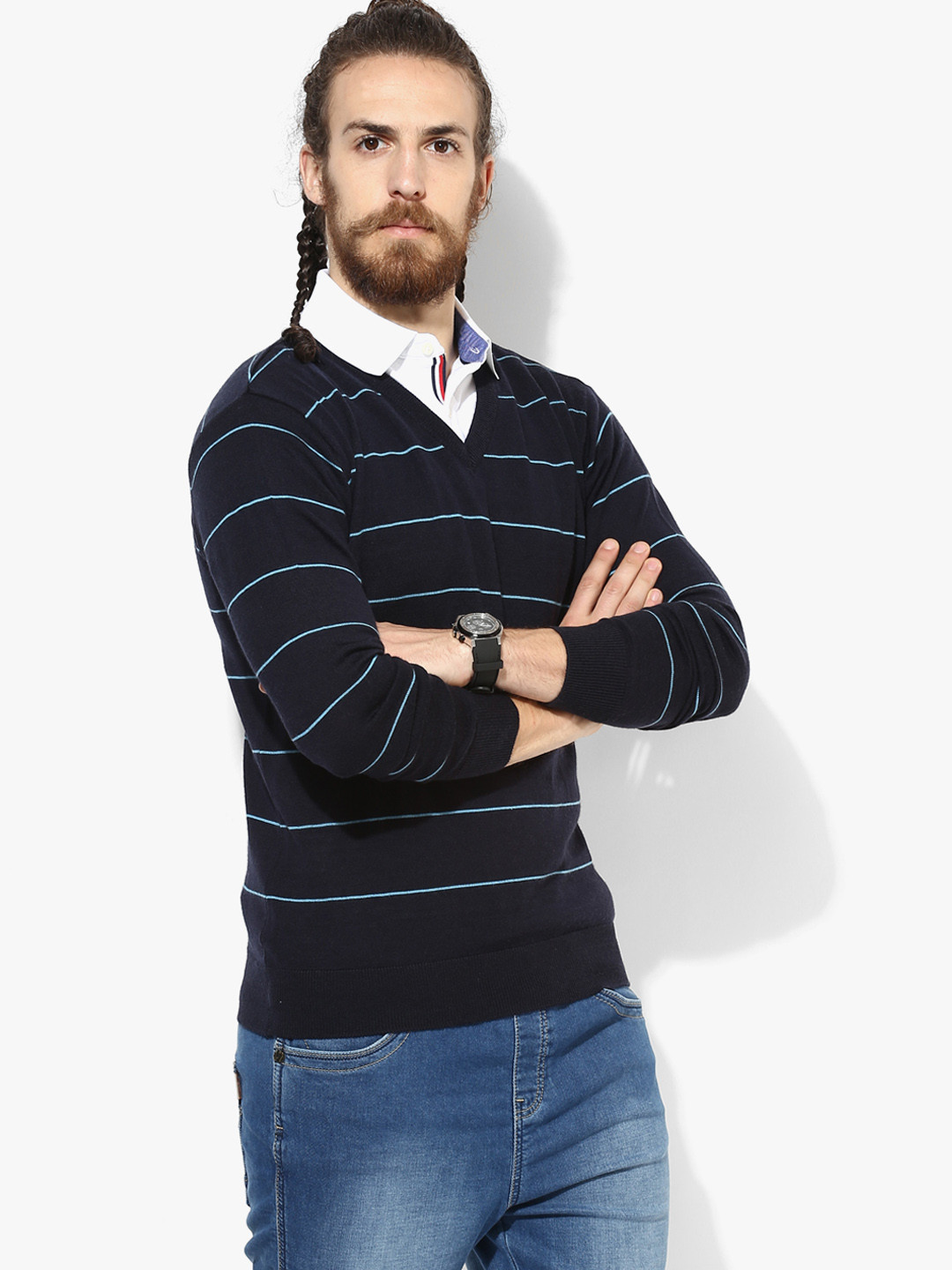 Buy Allen Solly Men Navy Blue Striped Sweater - Sweaters for Men 7610088 | Myntra