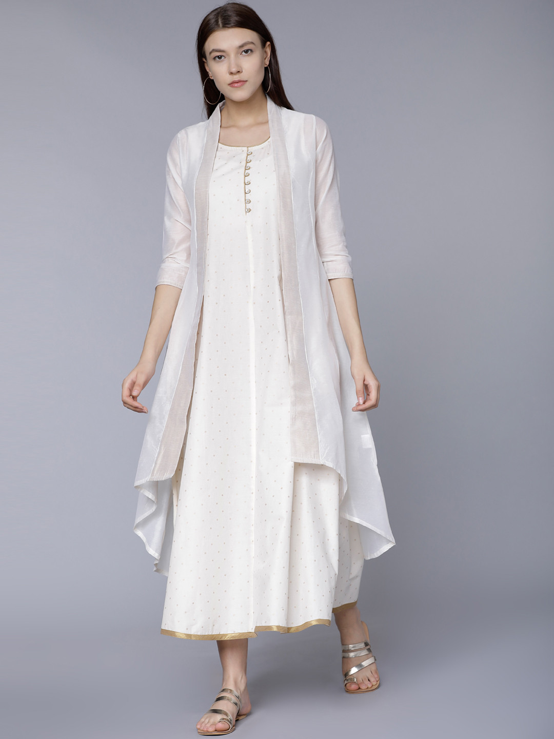 Buy Vishudh Women Cream Coloured Woven Design Layered A Line Kurta