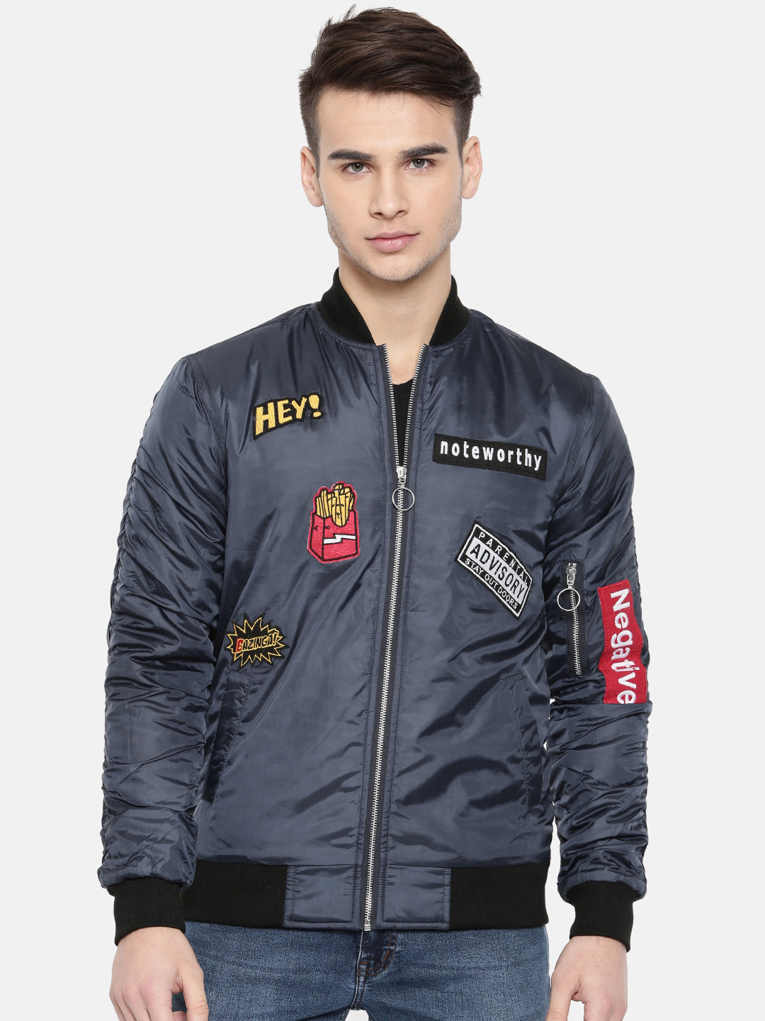 Buy People Men Navy Blue Solid Bomber Jackets for Men 7615354 Myntra