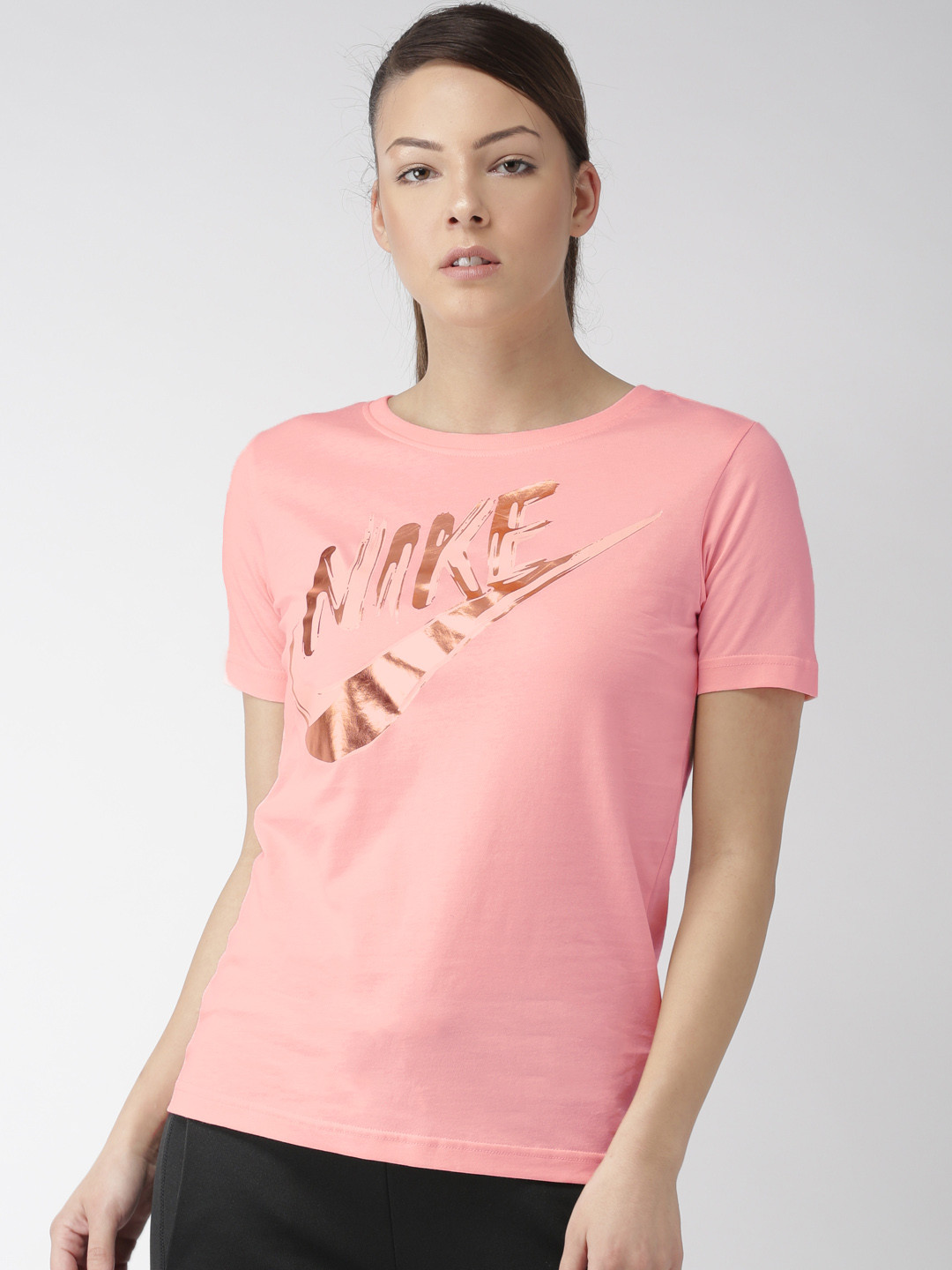 Buy Nike Women Pink Printed Regular Fit SS METALLIC GX Sports Tshirt