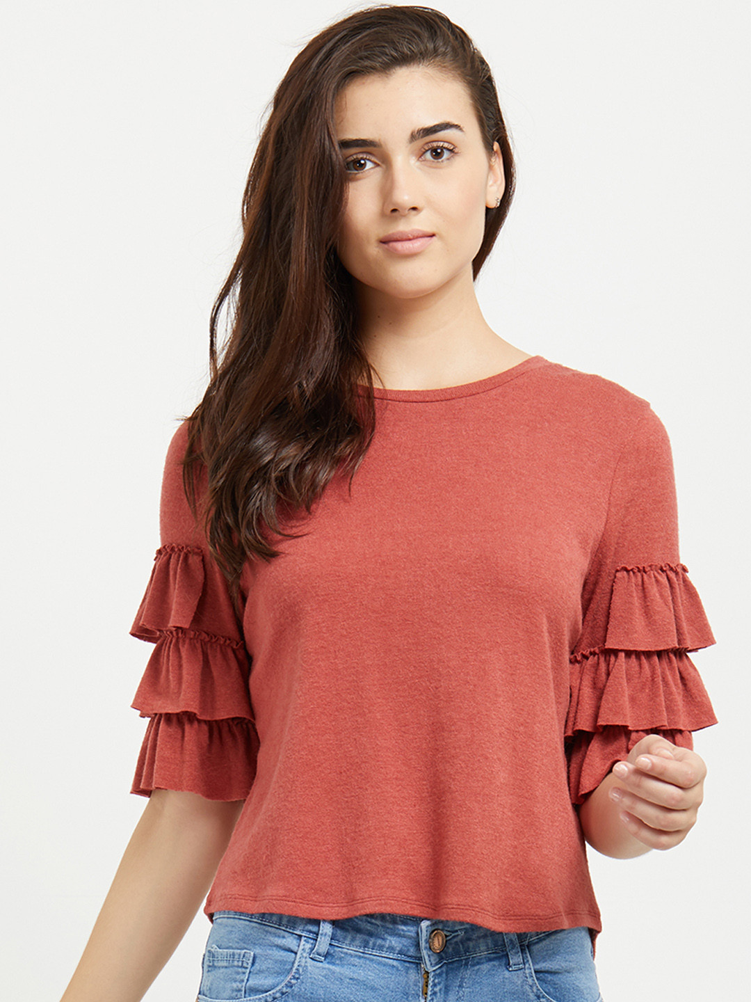 Buy 109F Women Rust Red Solid Top With Frill Layer Sleeves Tops for