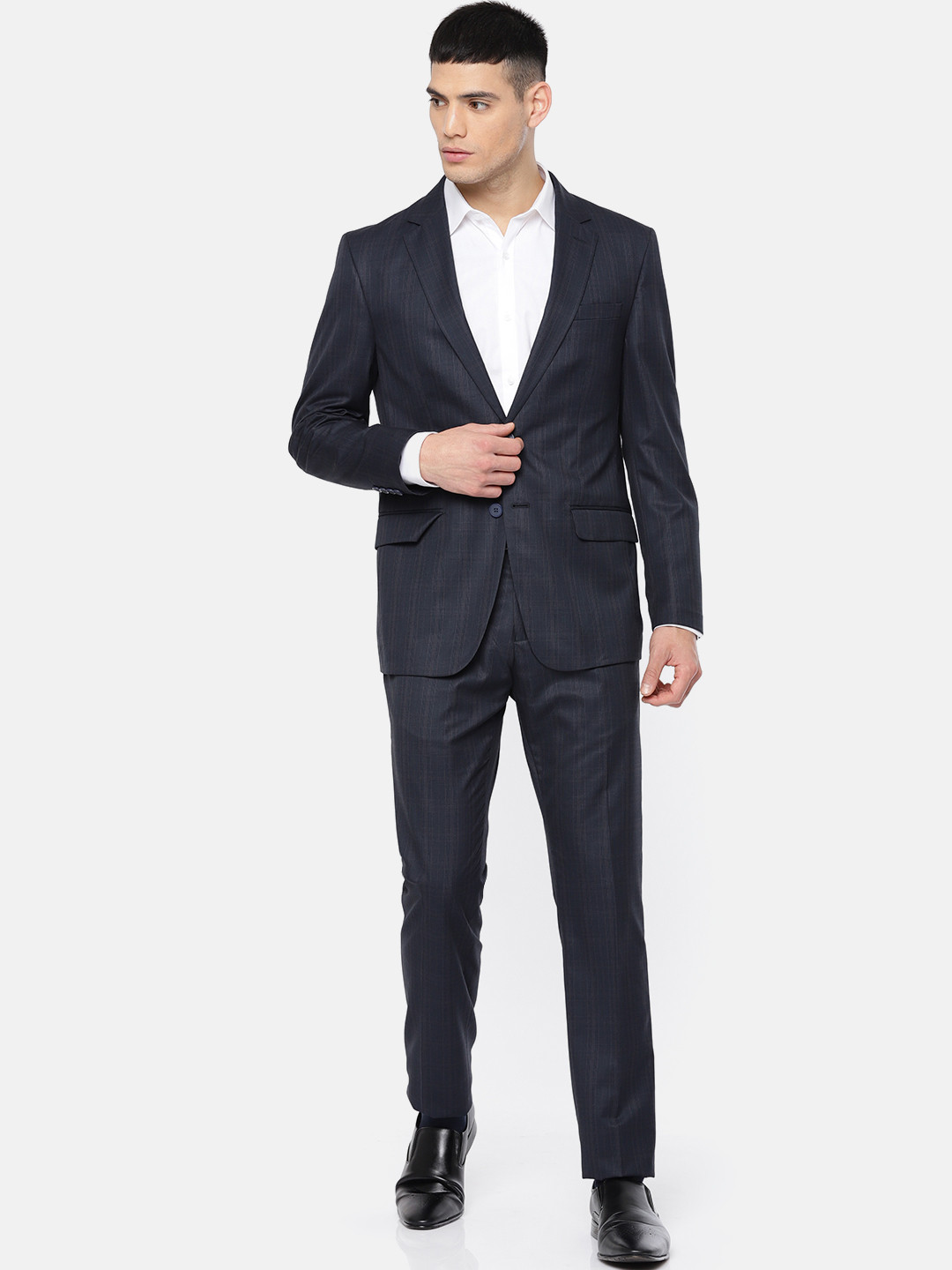 Buy Peter England Elite Men Navy Blue Checked Tailored Fit Formal Suit