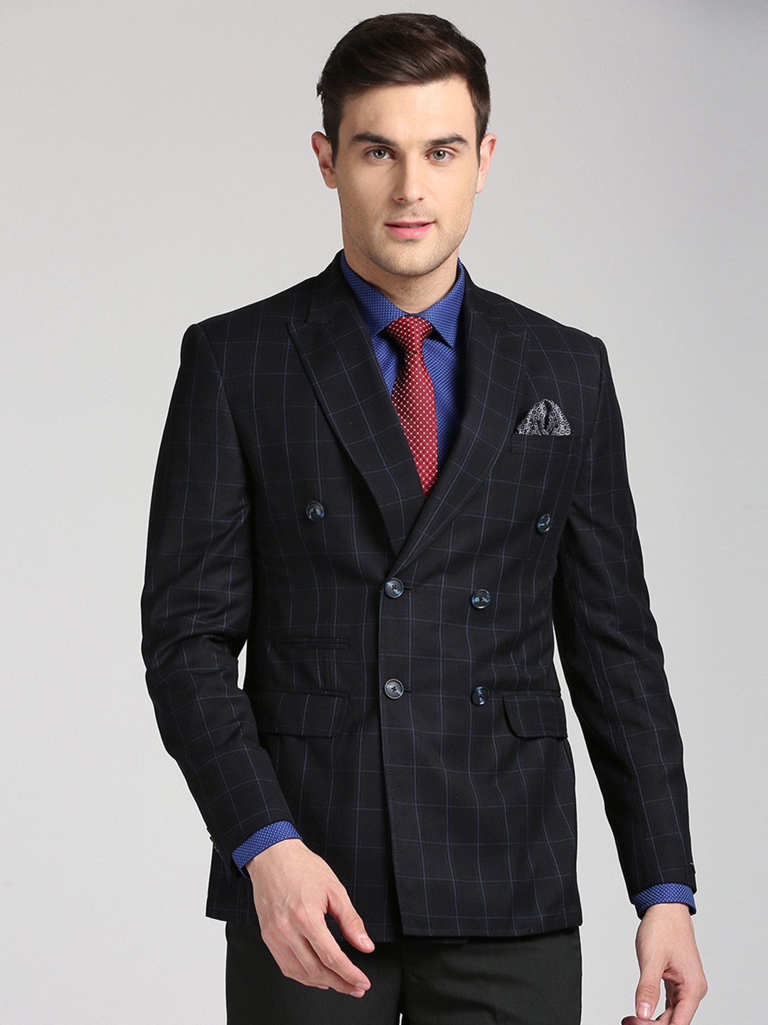 Buy Peter England Elite Men Black Checked Double Breasted Blazer