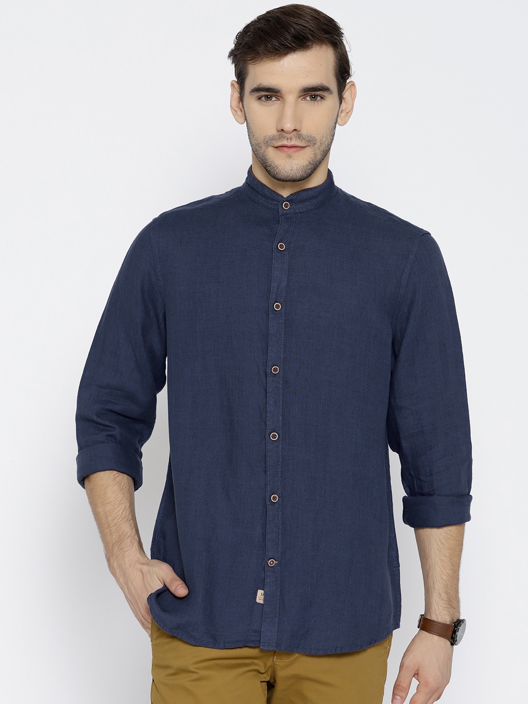 Buy J Hampstead Men Navy Blue Linen Slim Fit Solid Casual Shirt ...