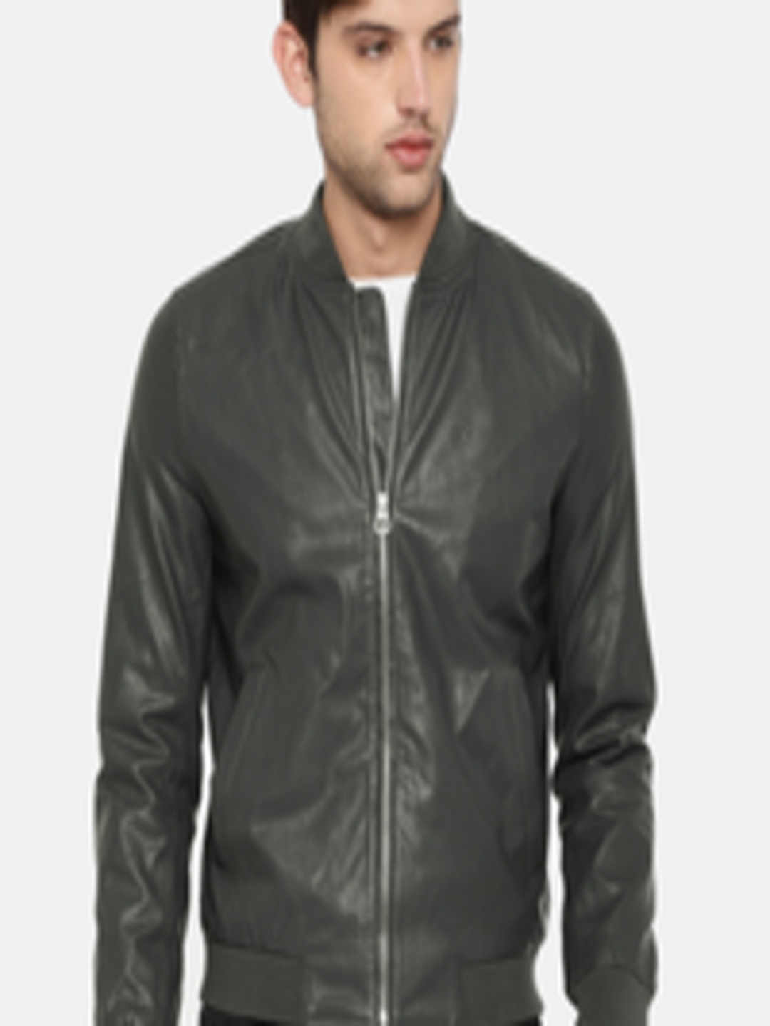 Buy Lee Men Charcoal Grey Solid Faux Leather Slim Fit Bomber Slim Fit ...