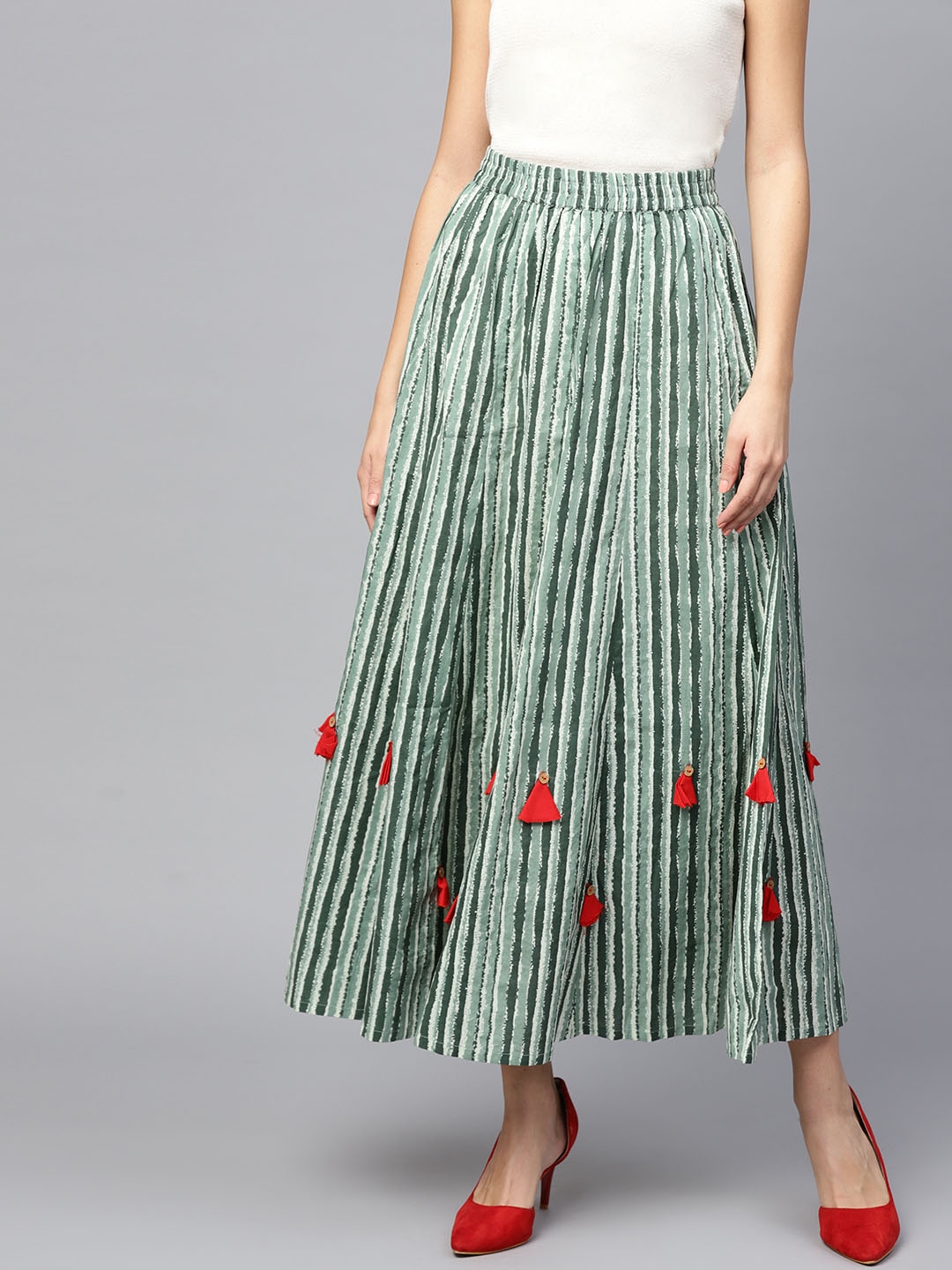 Buy Jaipur Kurti Women Green Striped Maxi Flared Pure Cotton Skirt ...