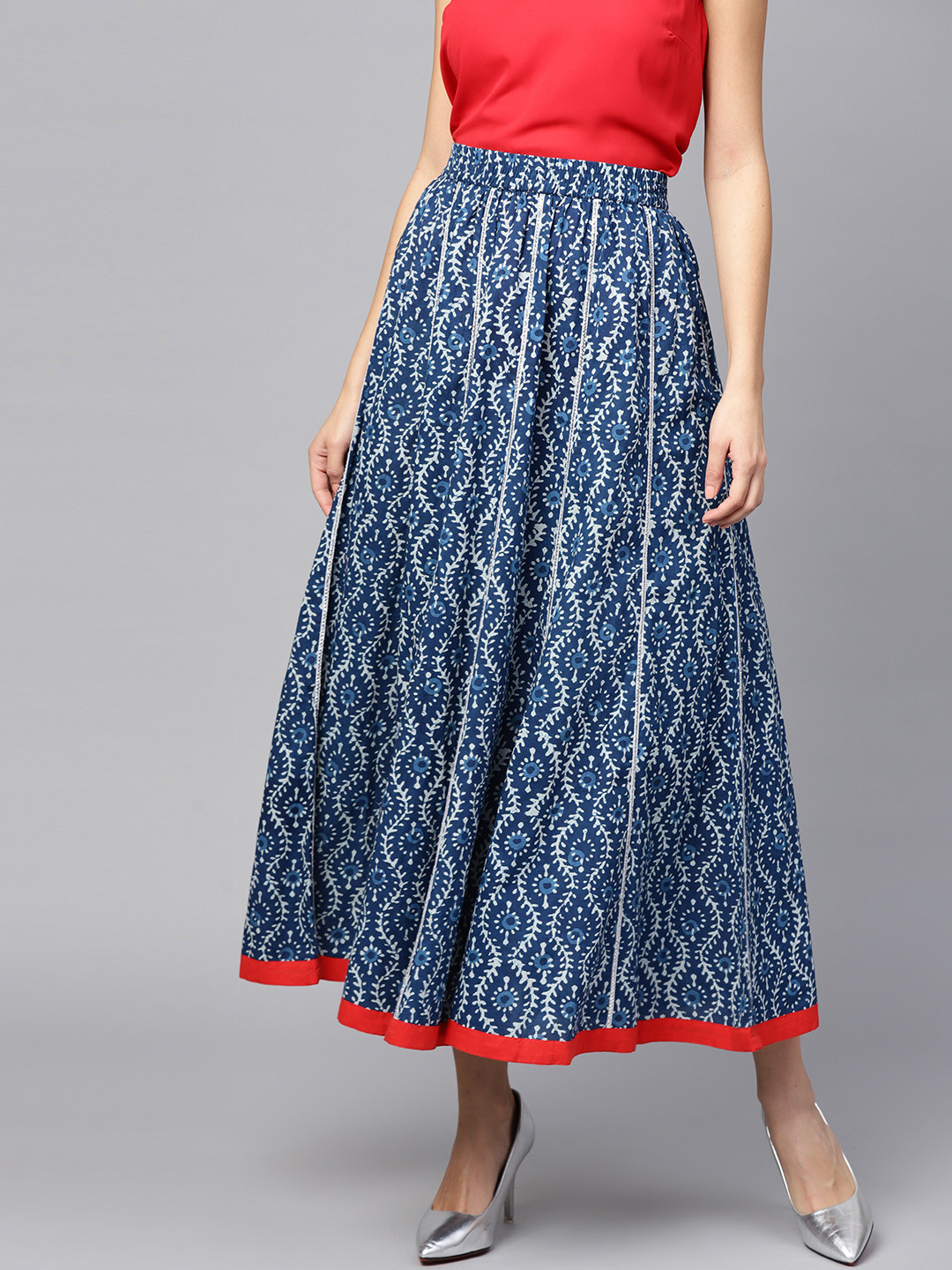 Buy Jaipur Kurti Women Blue Printed Maxi Flared Pure Cotton Skirt