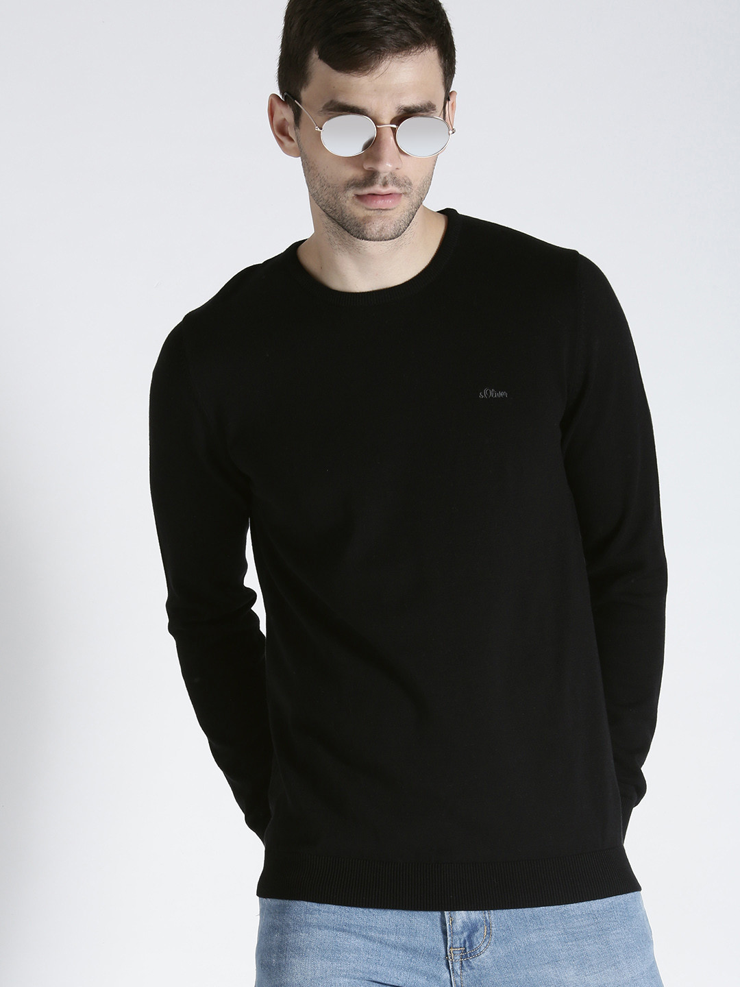 Men's Black Solid Cotton Pullover
