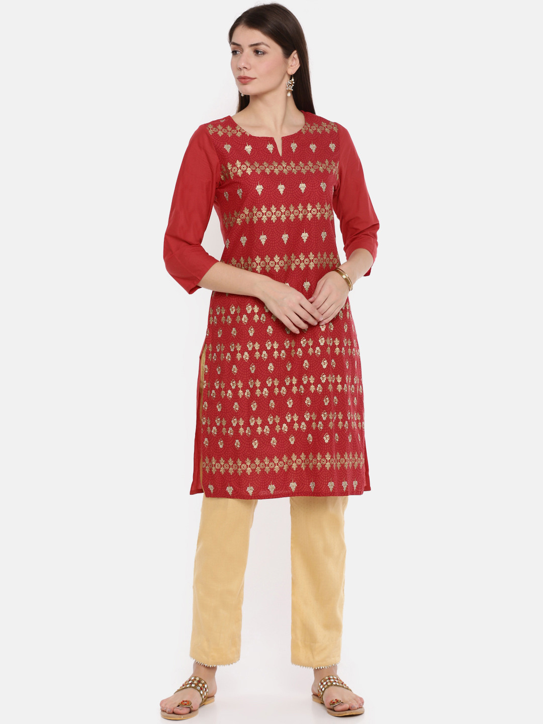 Women Beige & Red Printed Straight Kurta main image 0