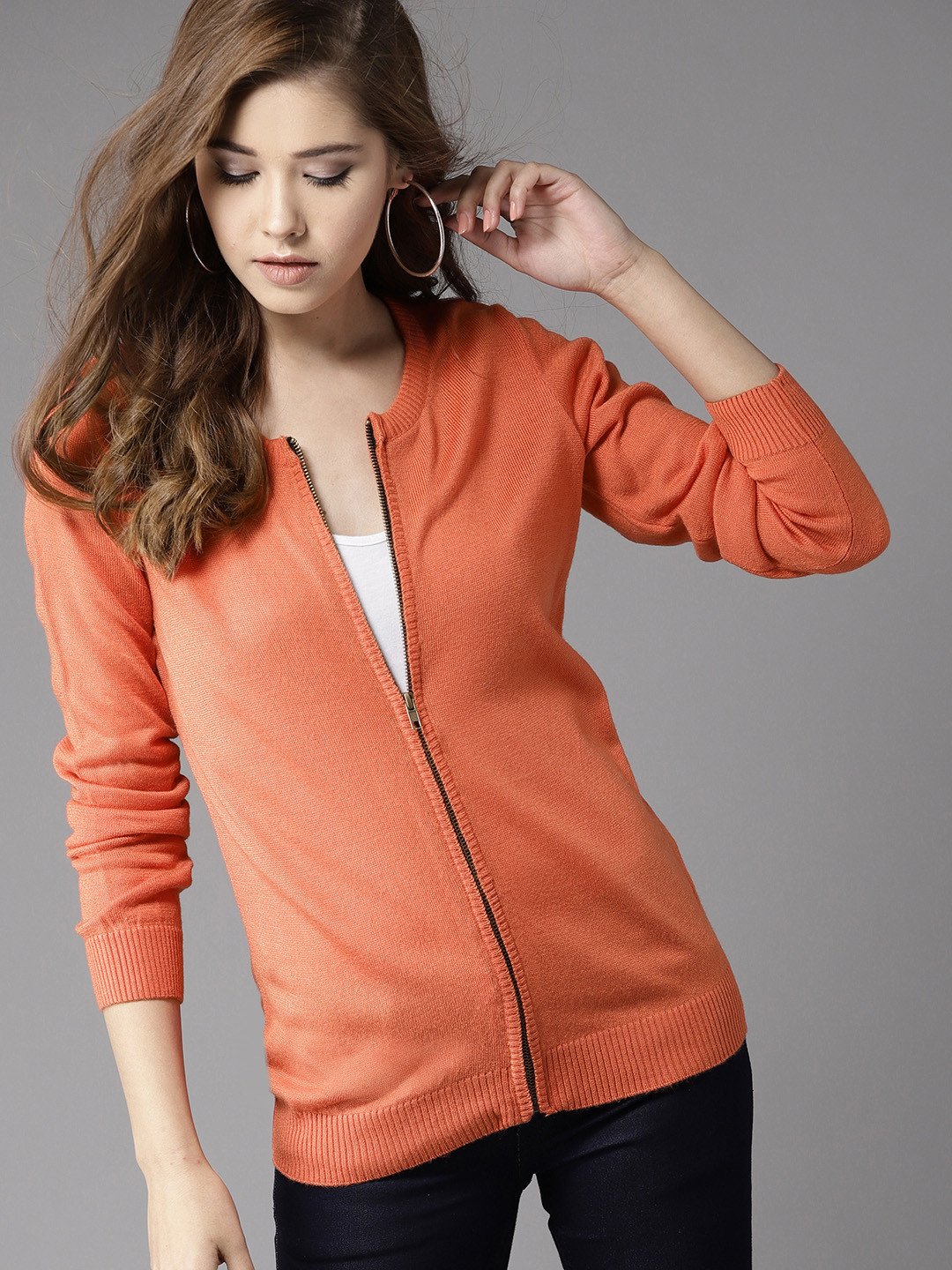 Buy HERE&NOW Women Coral Orange Solid Cardigan Sweaters for Women