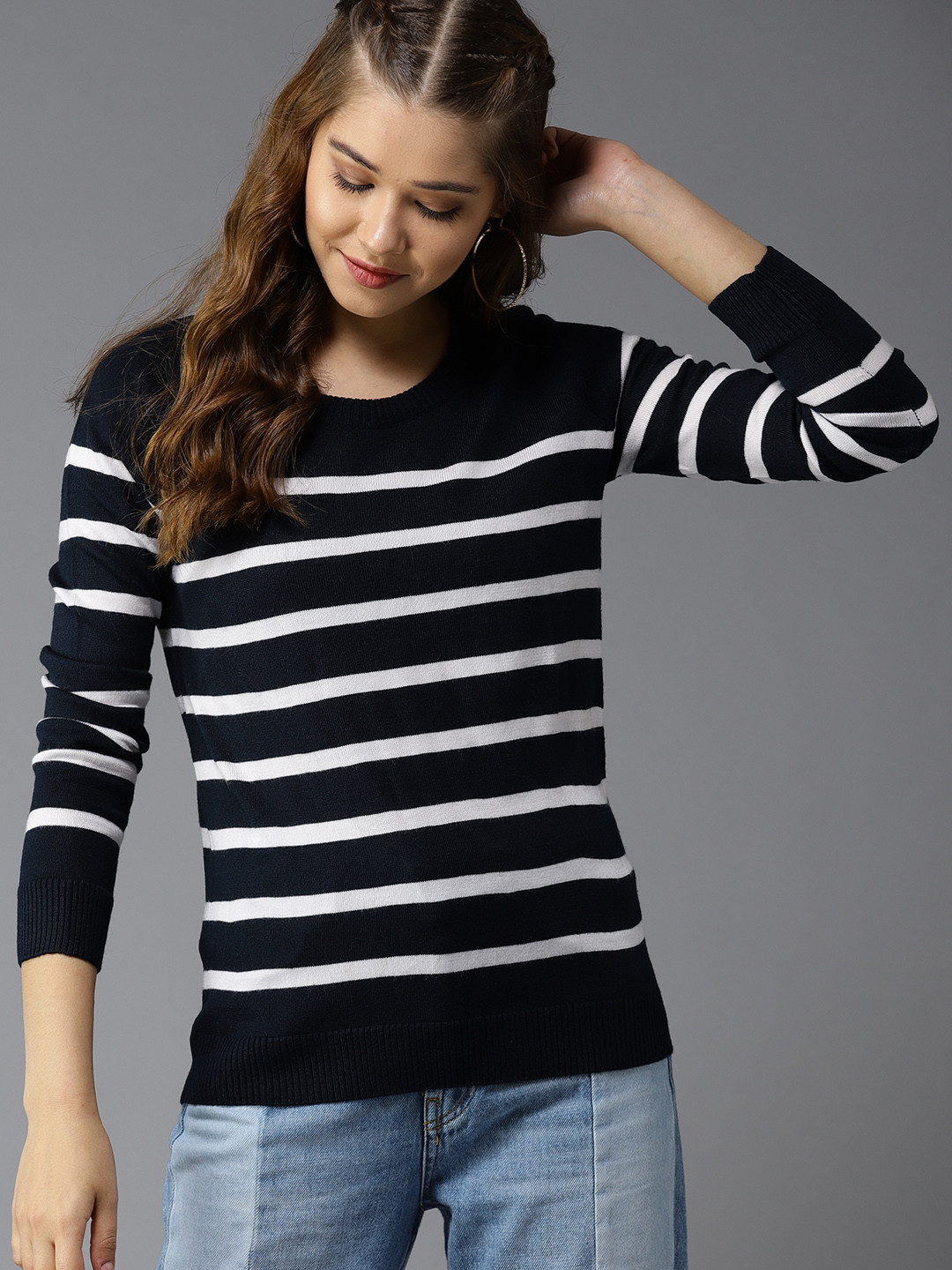 Buy HERE&NOW Women Navy Blue & White Striped Pullover Sweaters for