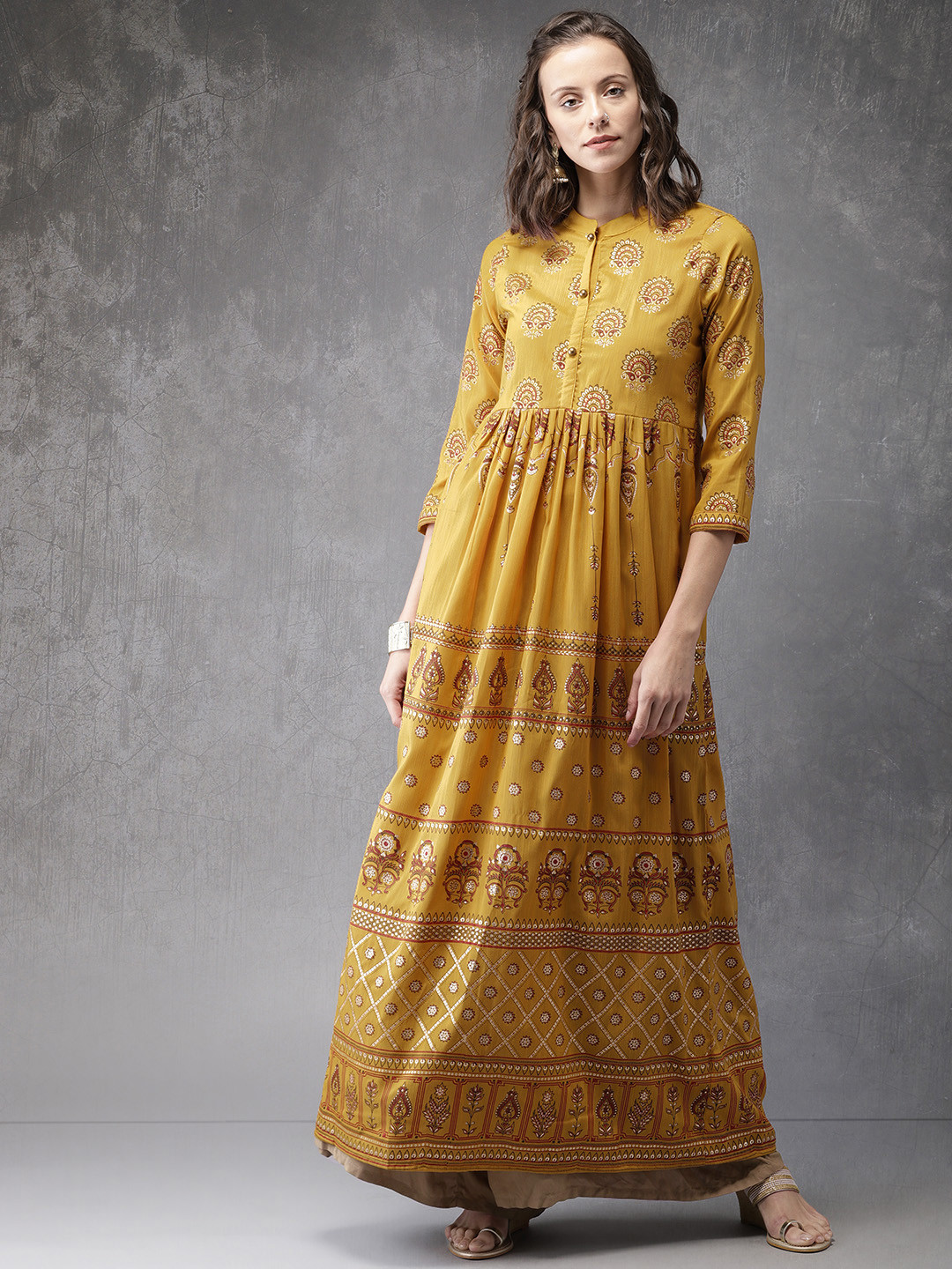 Women's Mustard Printed Thread Work Anarkali Kurta