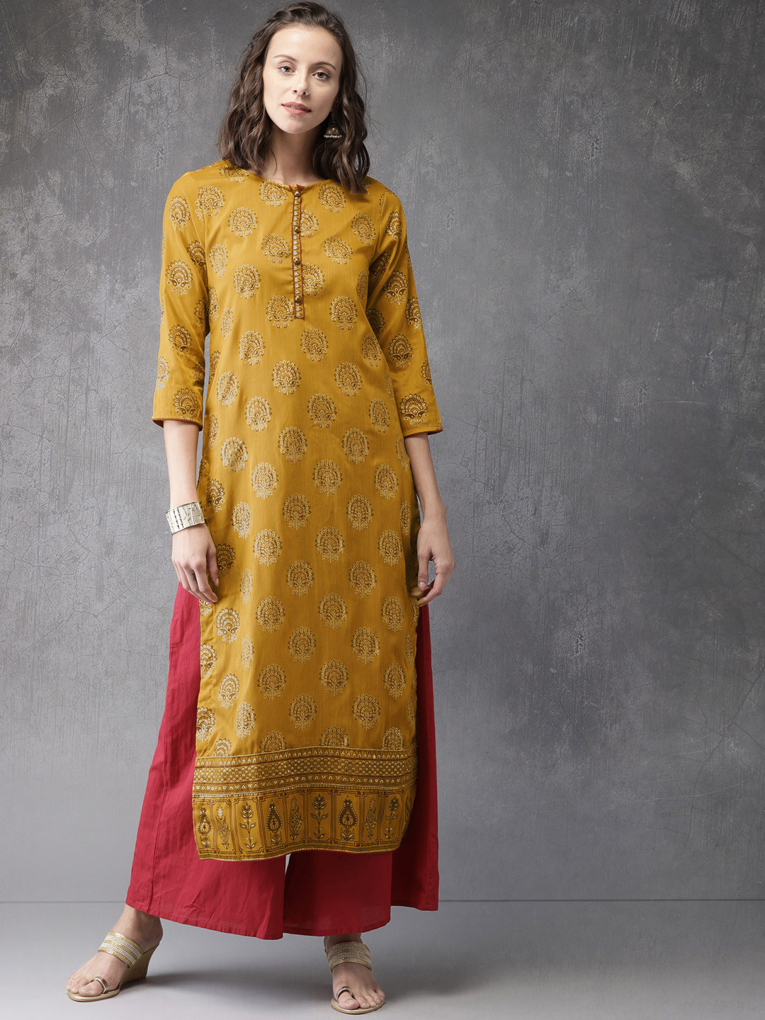 Buy Anouk Women Mustard Yellow Foil Print Straight Kurta Kurtas for