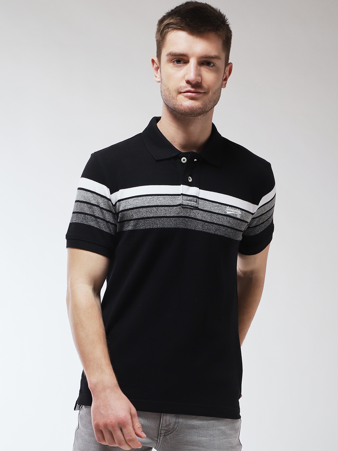 Buy Aeropostale Men Black Striped Polo Collar Pure Cotton T Shirt ...