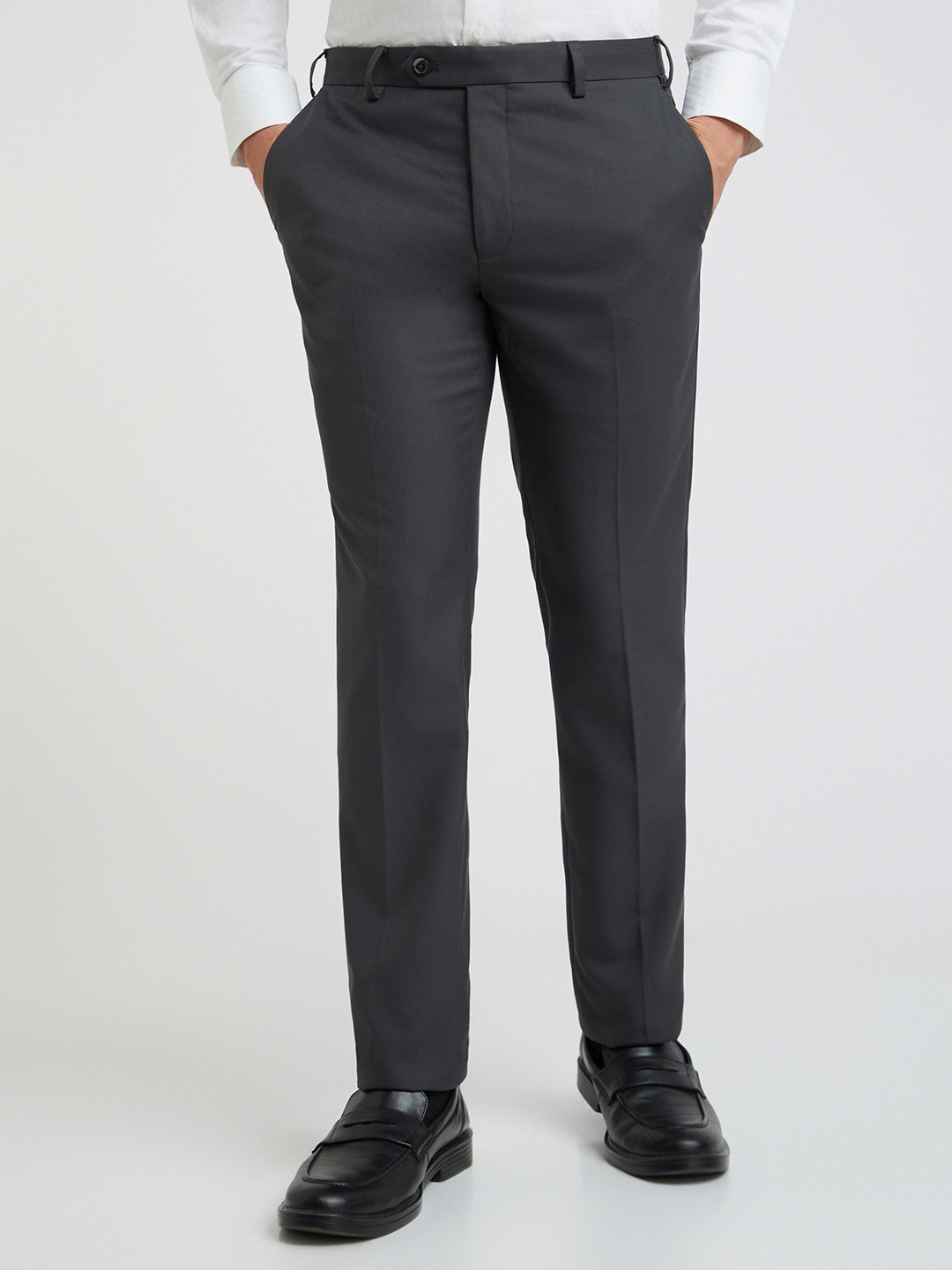 Buy Raymond Men Charcoal Grey Slim Fit Solid Formal Trousers - Trousers ...
