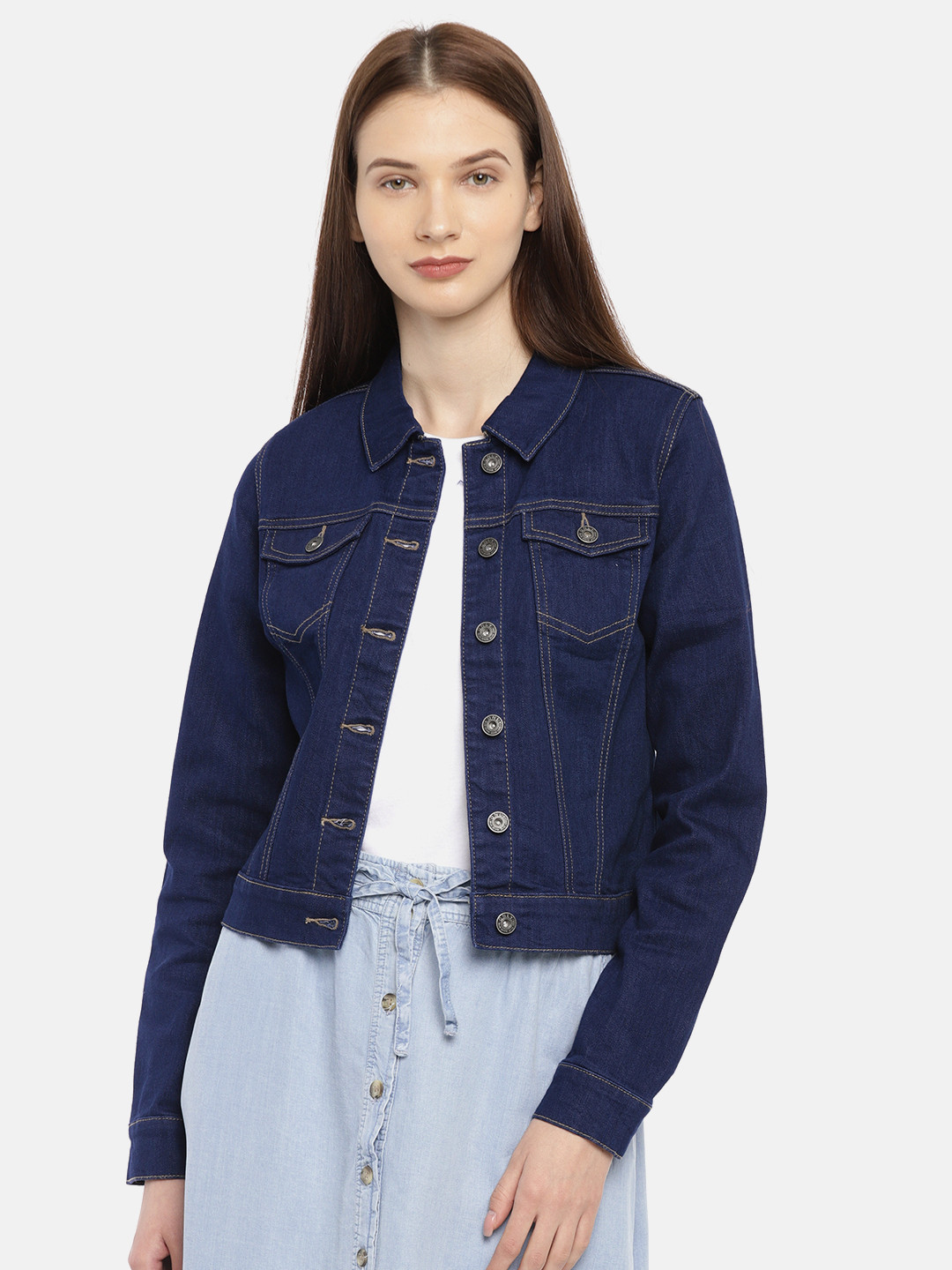 Buy ONLY Women Navy Blue Solid Denim Jacket Jackets for Women 7652892