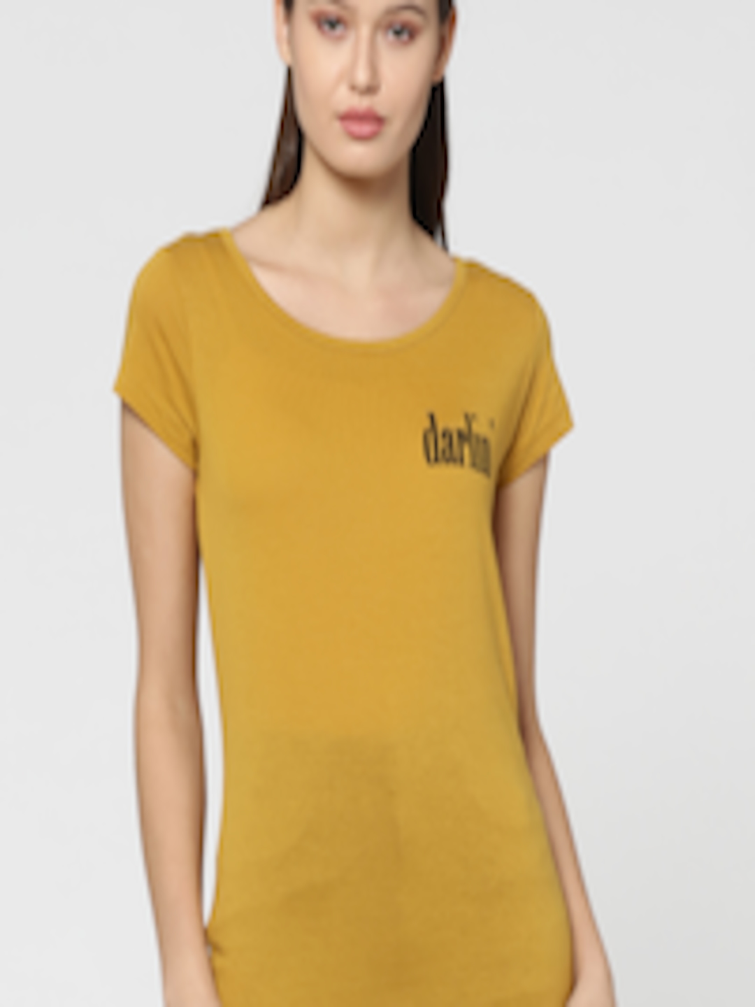 Buy ONLY Women Mustard Yellow Solid Round Neck Pure Cotton T Shirt ...