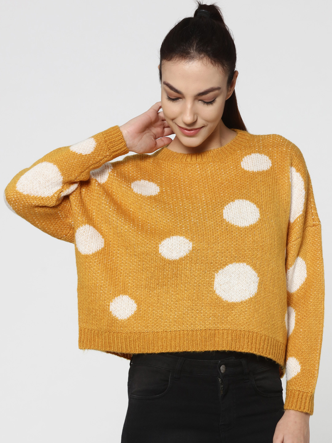 Buy ONLY Mustard Yellow Self Design Pullover Sweater Sweaters for