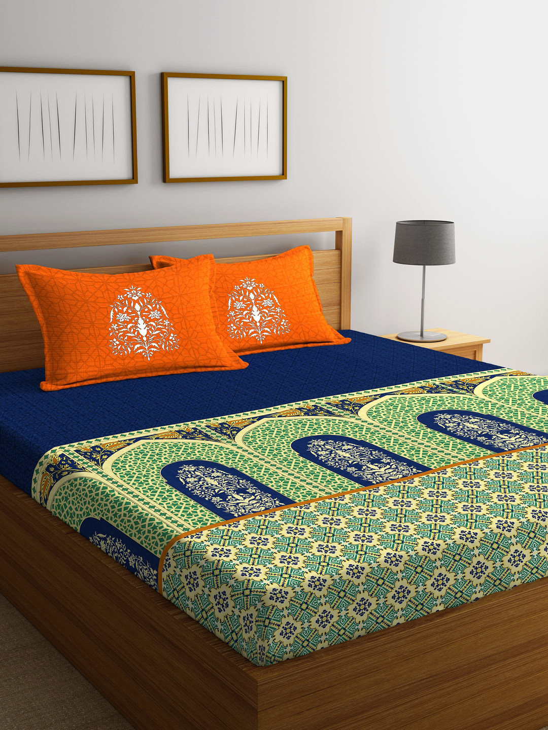 Buy Portico New York Navy Blue & Green Flat 210 TC Cotton Double