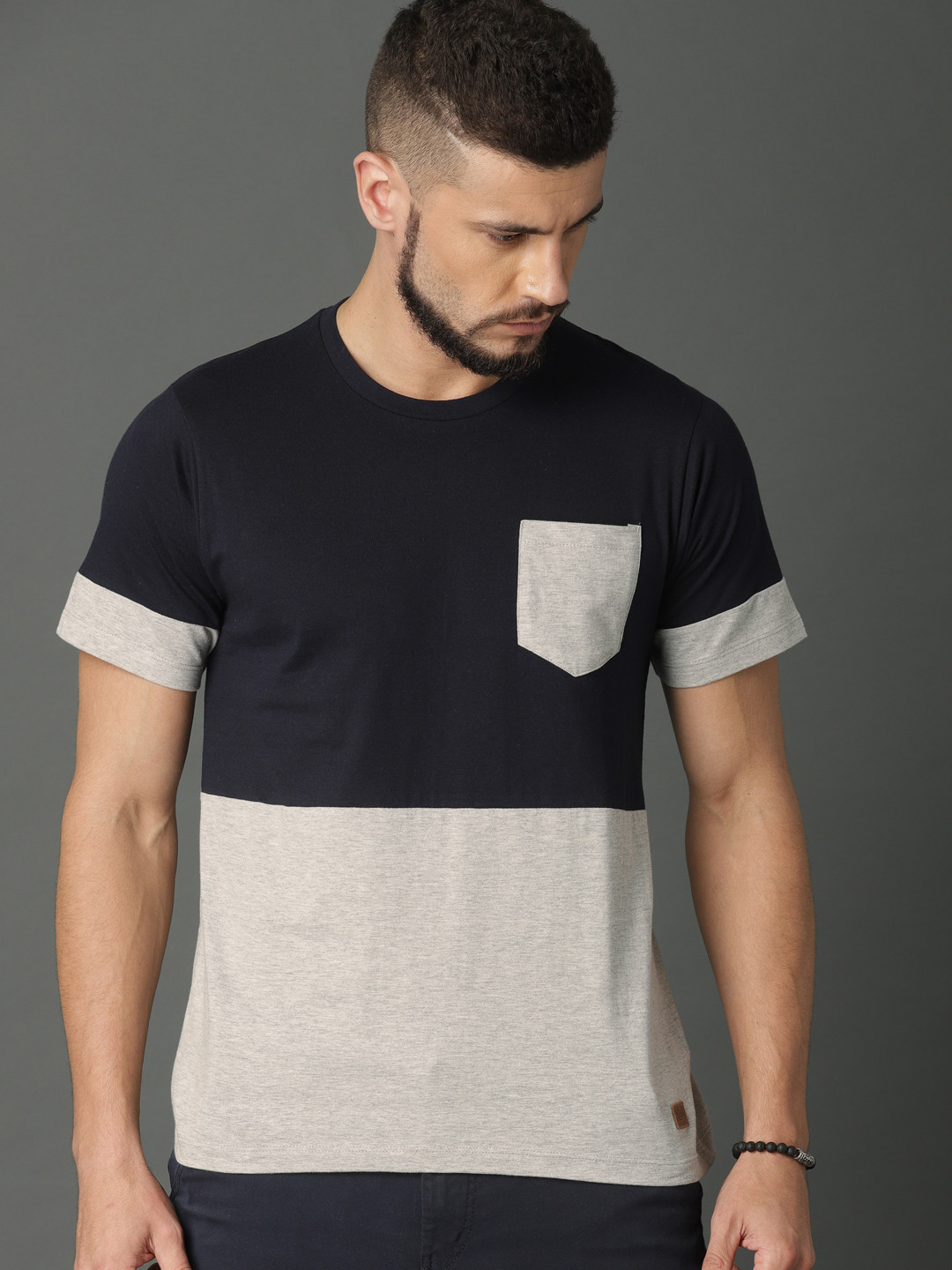 Buy Roadster Men Navy Blue Grey Colourblocked Round Neck Pure Cotton T ...