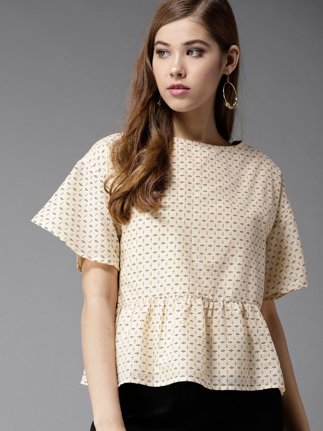 Buy HERE&NOW Women Cream Coloured Printed A Line Pure Cotton Top Tops