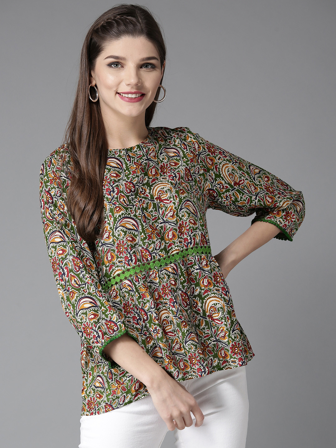 Buy HERE&NOW Women Olive Green Printed Styled Back Top Tops for Women