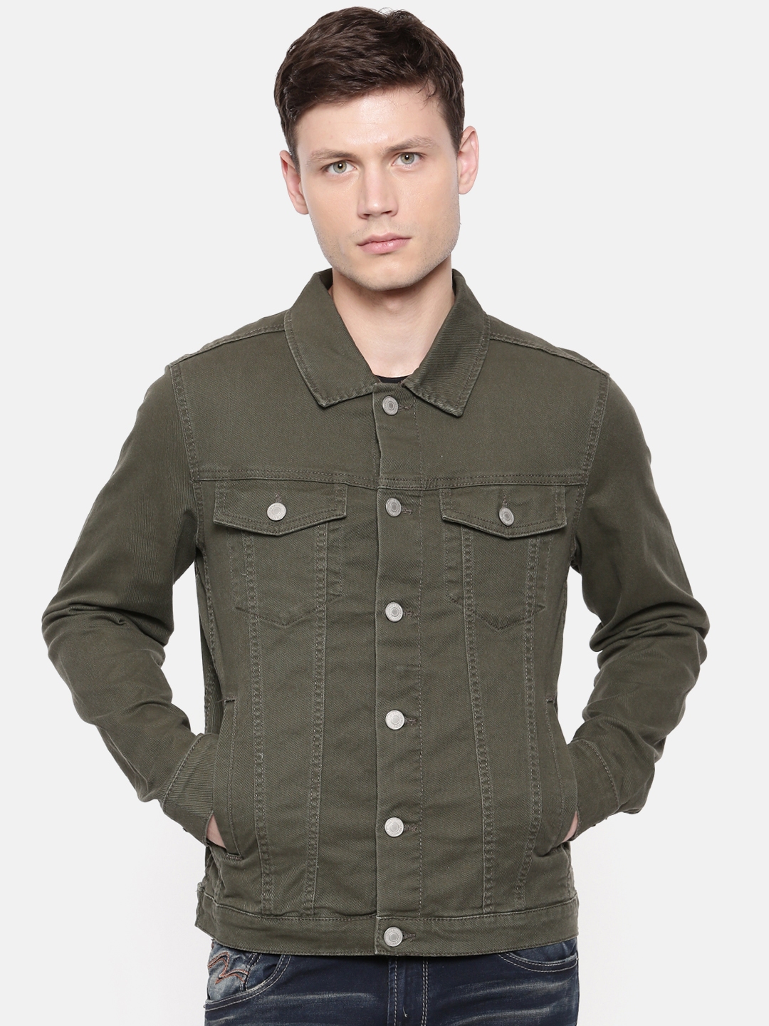 Buy Jack & Jones Men Olive Green Solid Denim Jacket - Jackets for Men ...