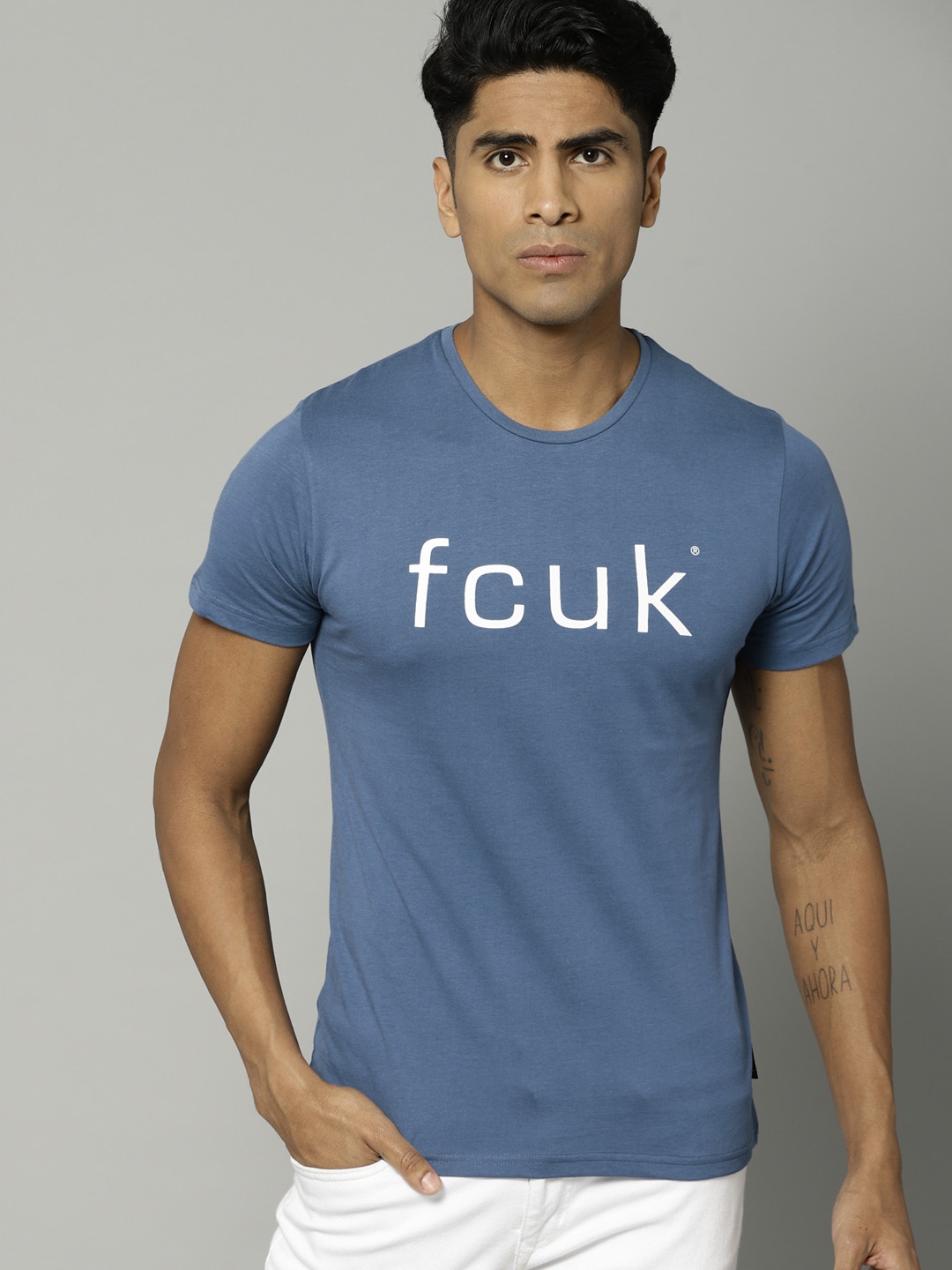 Buy French Connection Men Blue Printed Round Neck Pure Cotton T Shirt 