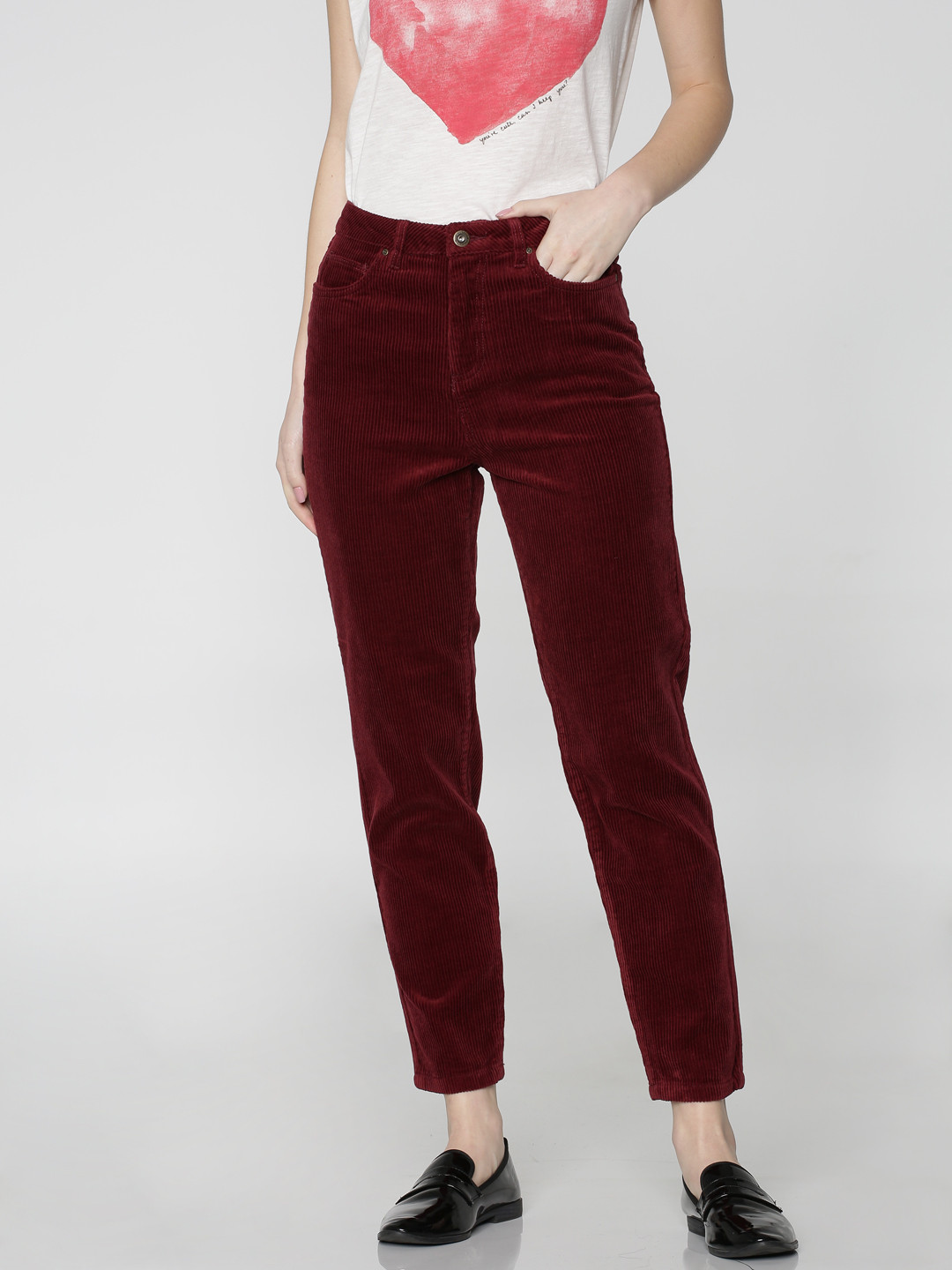 Women Maroon Mid-Rise Straight-Fit Cotton Trousers