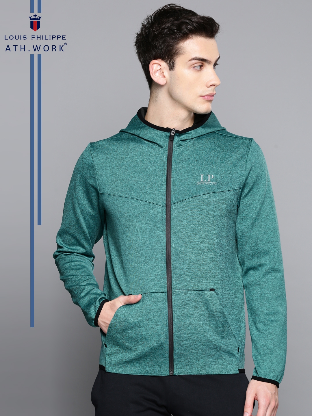 Buy Louis Philippe Ath.Work Men Green Solid Hooded Sweatshirt ...