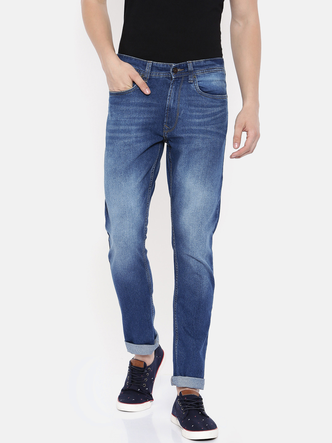 Buy Peter England Casuals Men Blue Classic Tapered Fit Mid Rise Clean