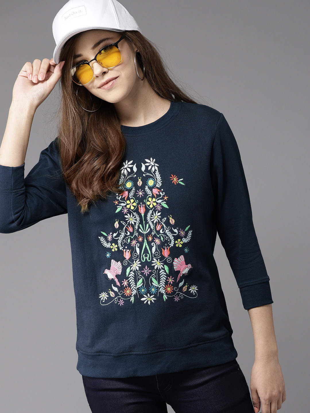 Buy HERE&NOW Women Navy Blue Embroidered Sweatshirt Sweatshirts for Women 7665293 Myntra