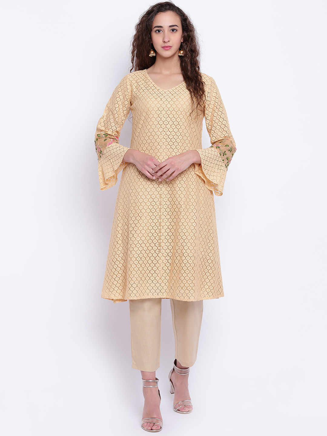 Buy Shakumbhari Women Cream Coloured Woven Design A Line Kurta Kurtas