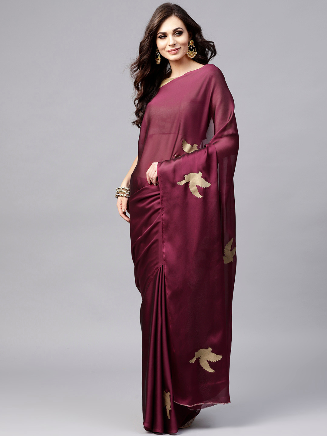 Buy Saree Mall Burgundy & Golden Printed Saree Sarees for Women