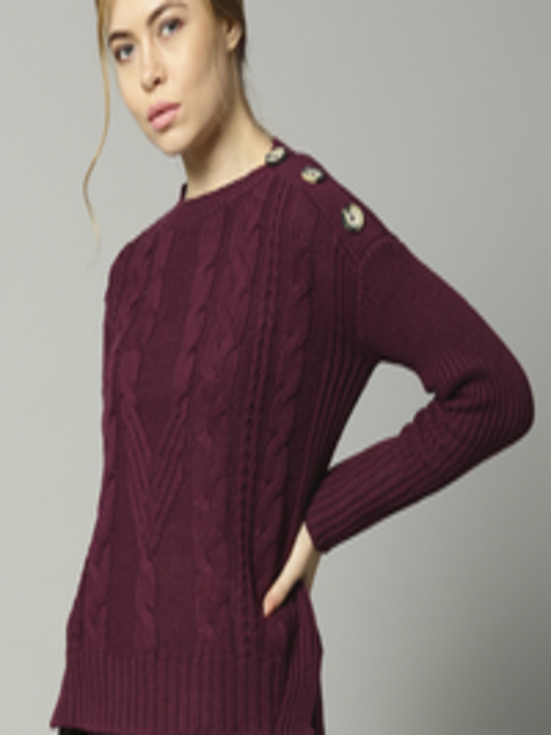 Buy Marks & Spencer Women Burgundy Cable Knitted Pullover - Sweaters ...