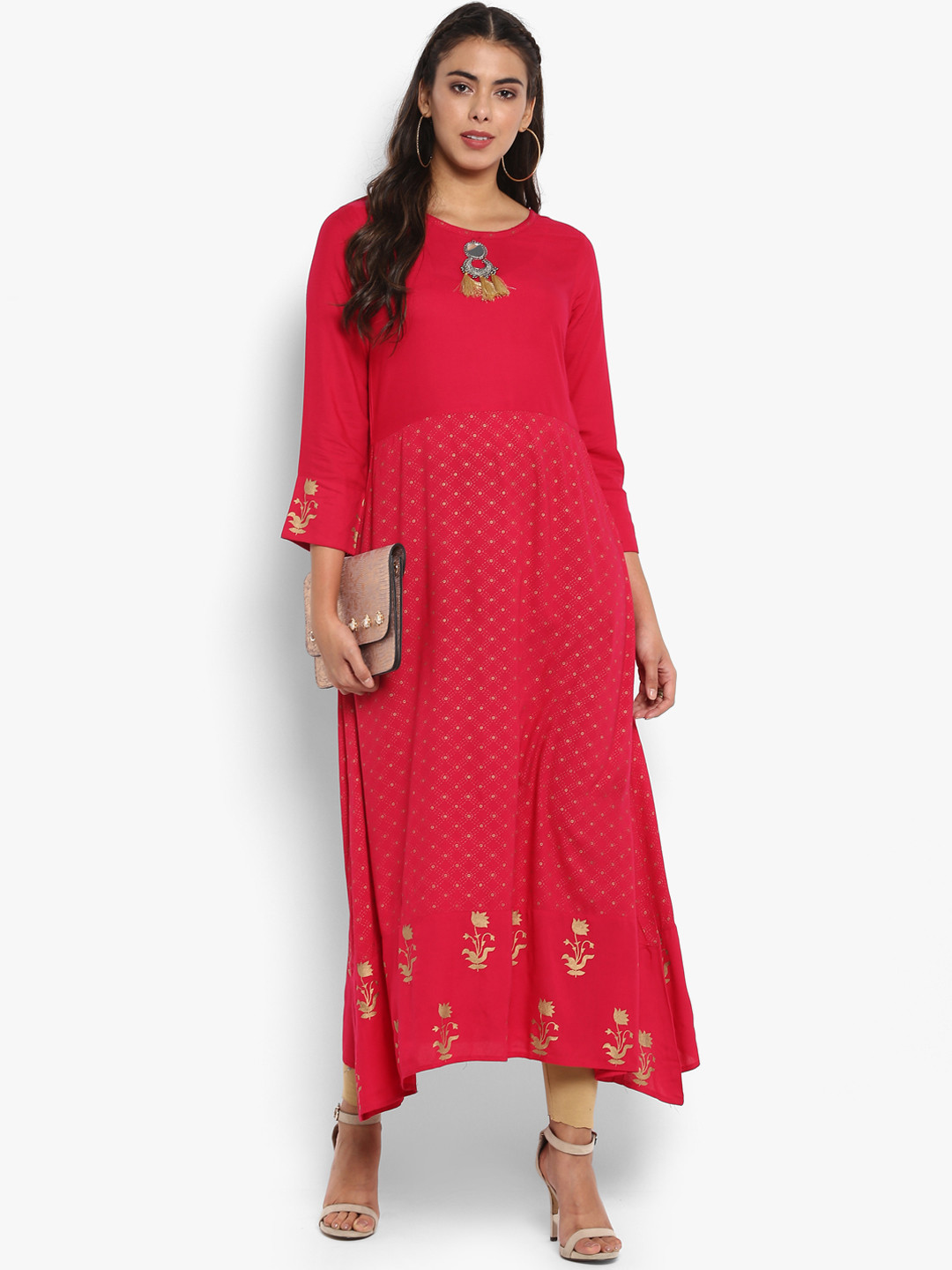 Buy Mytri Women Pink Printed A Line Kurta Kurtas for Women 7669395