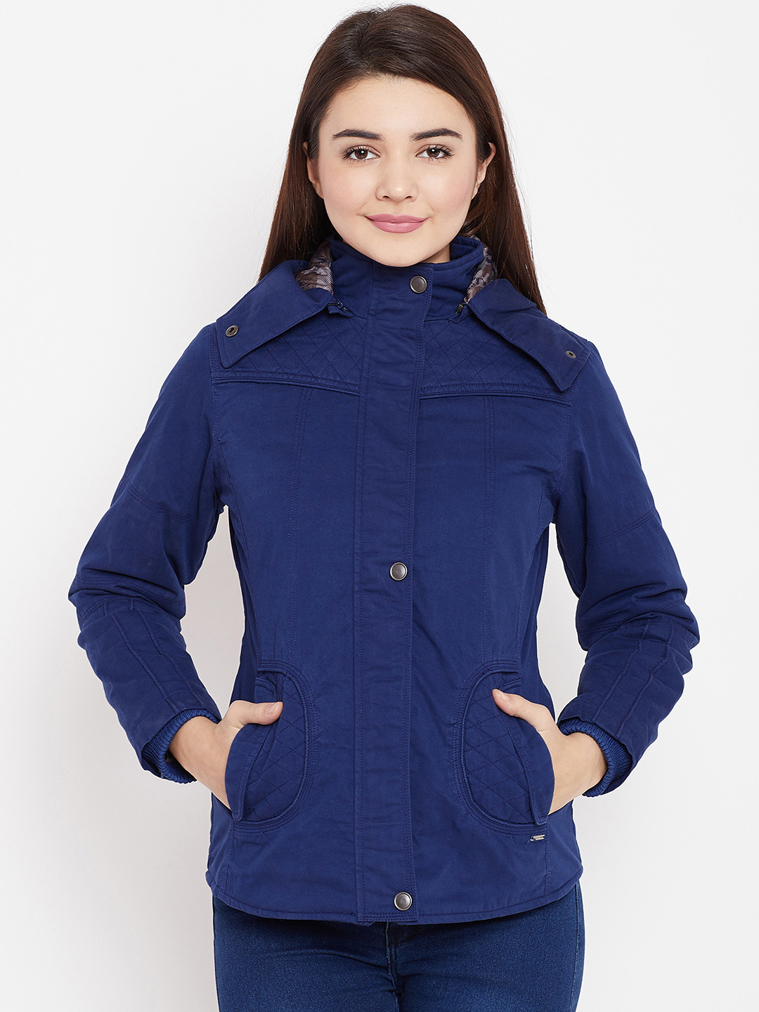 Buy Duke Women Navy Blue Solid Tailored Jacket With Detachable Hood