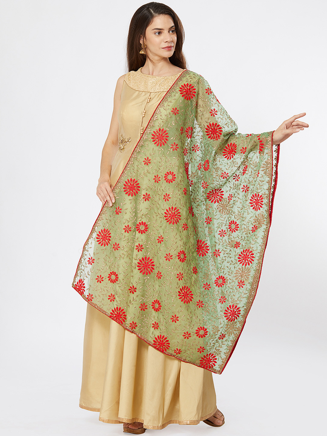Buy Dupatta Bazaar Women Sea Green & Red Embroidered Dupatta Dupatta