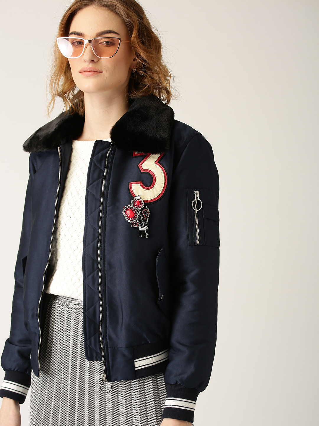 Buy ESPRIT Women Navy Blue Solid Bomber Jacket Jackets for Women