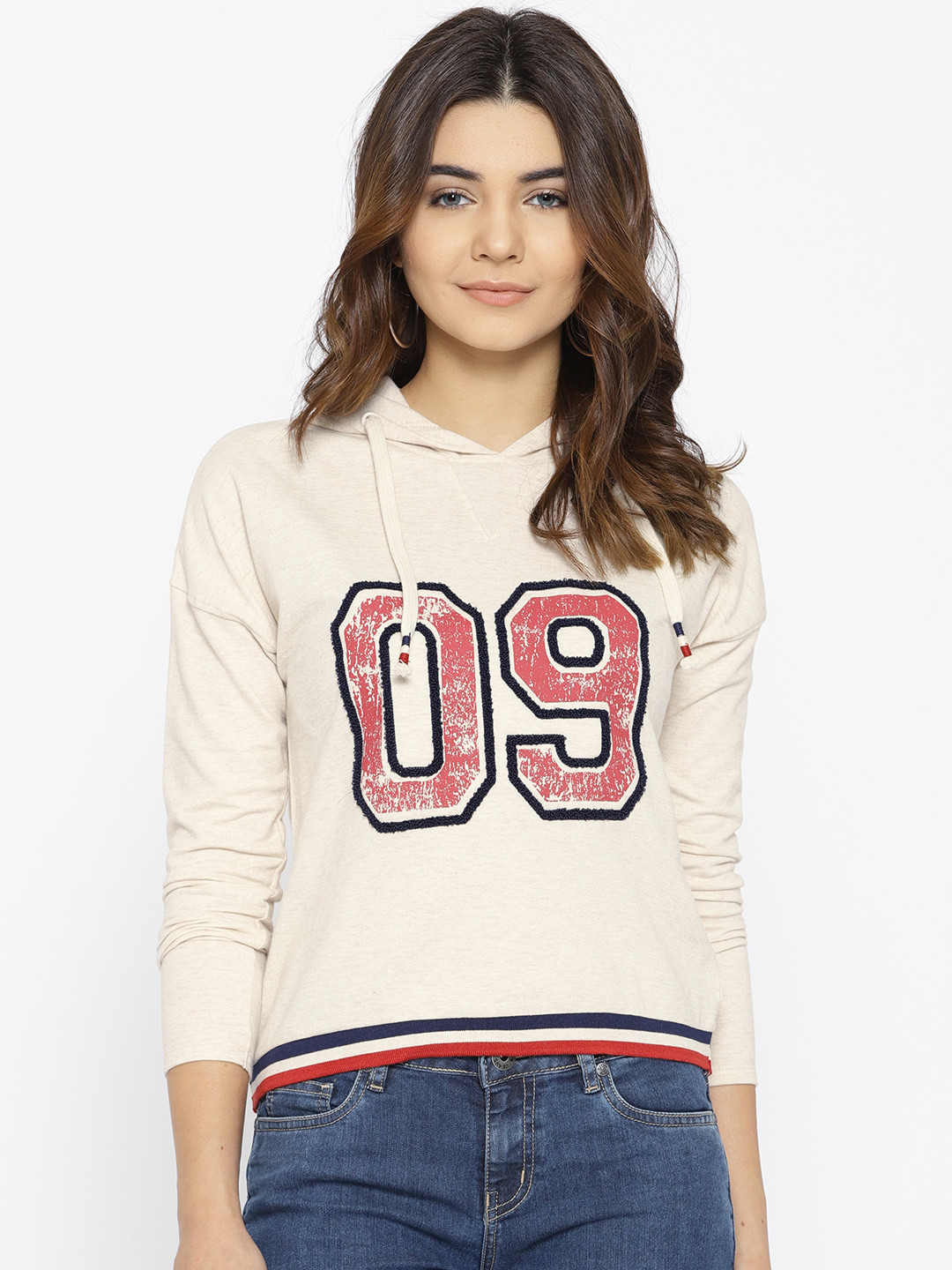 Buy People Women Cream Coloured & Red Printed Hooded Sweatshirt