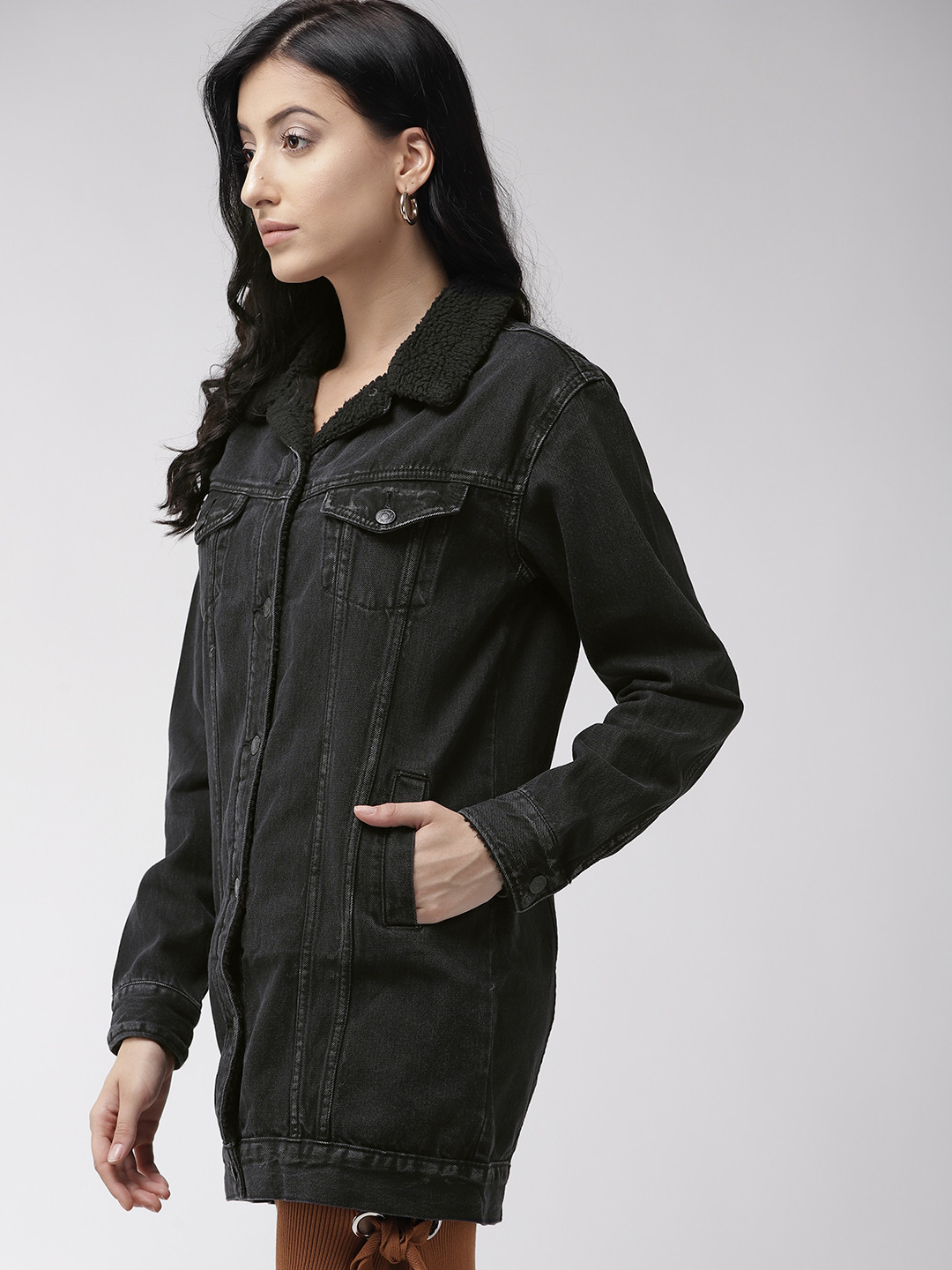 Buy FOREVER 21 Women Black Solid Longline Denim Jacket Jackets for