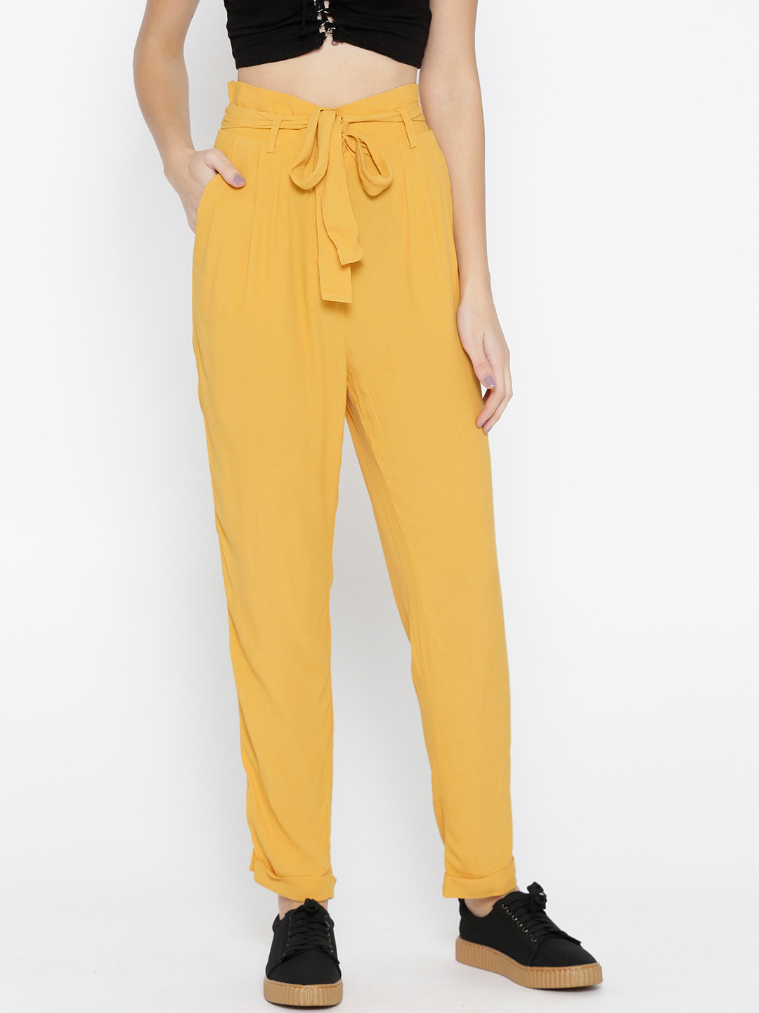 Buy FOREVER 21 Women Mustard Yellow Fit Solid Peg Trousers Trousers