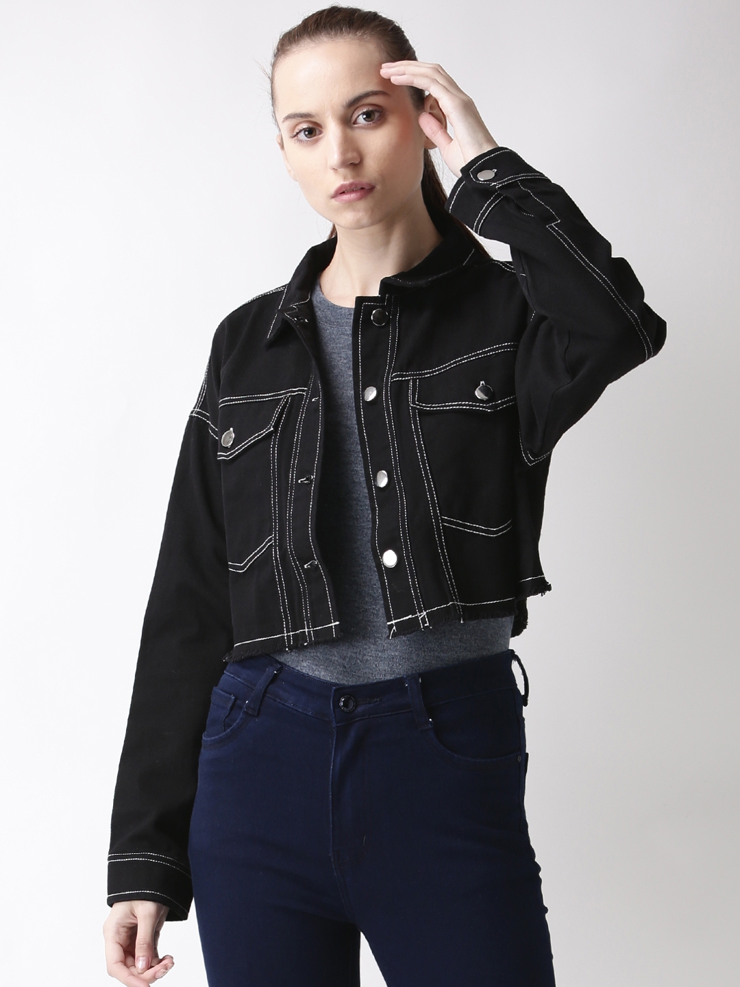 Buy FOREVER 21 Women Black Solid Crop Denim Jacket Jackets for Women